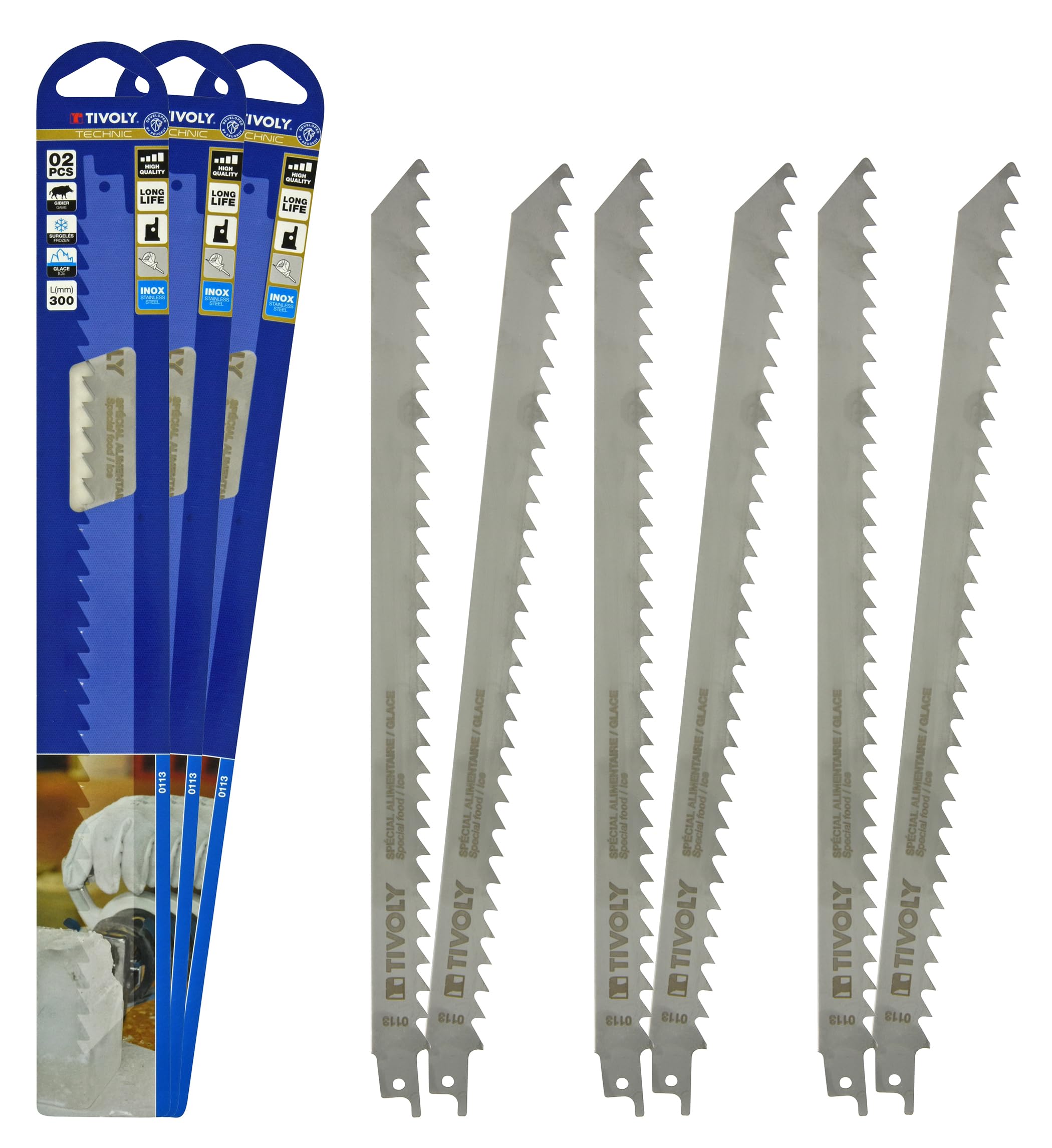 TIVOLY - Lot de Lames de Scie Sabre Spéciale Usage Alimentaire - 6 Lames Inox pour Découpe de Gibier, Viande, Os, Produits Surgelés, Glace