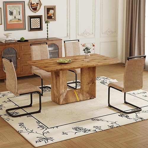 Miniatura 12 de Juego de mesa de comedor de 63'' para 6, juego de mesa de comedor de estilo granja de mediados de siglo para 6, mesa de grano de madera con base en