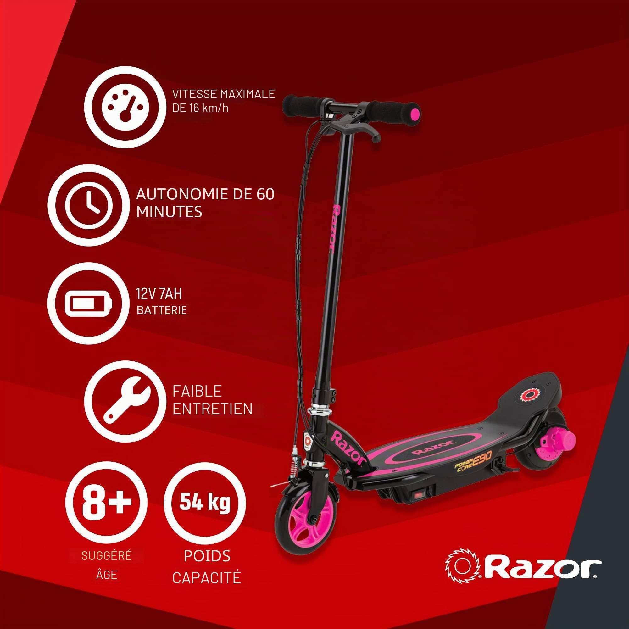 Scooter électrique Razor PowerCore E90 pour les enfants de 8 ans et plus avec une vitesse maximale de 10 mph et une autonomie de 60 minutes, jusqu'à 10 miles d'autonomie, batterie 12V