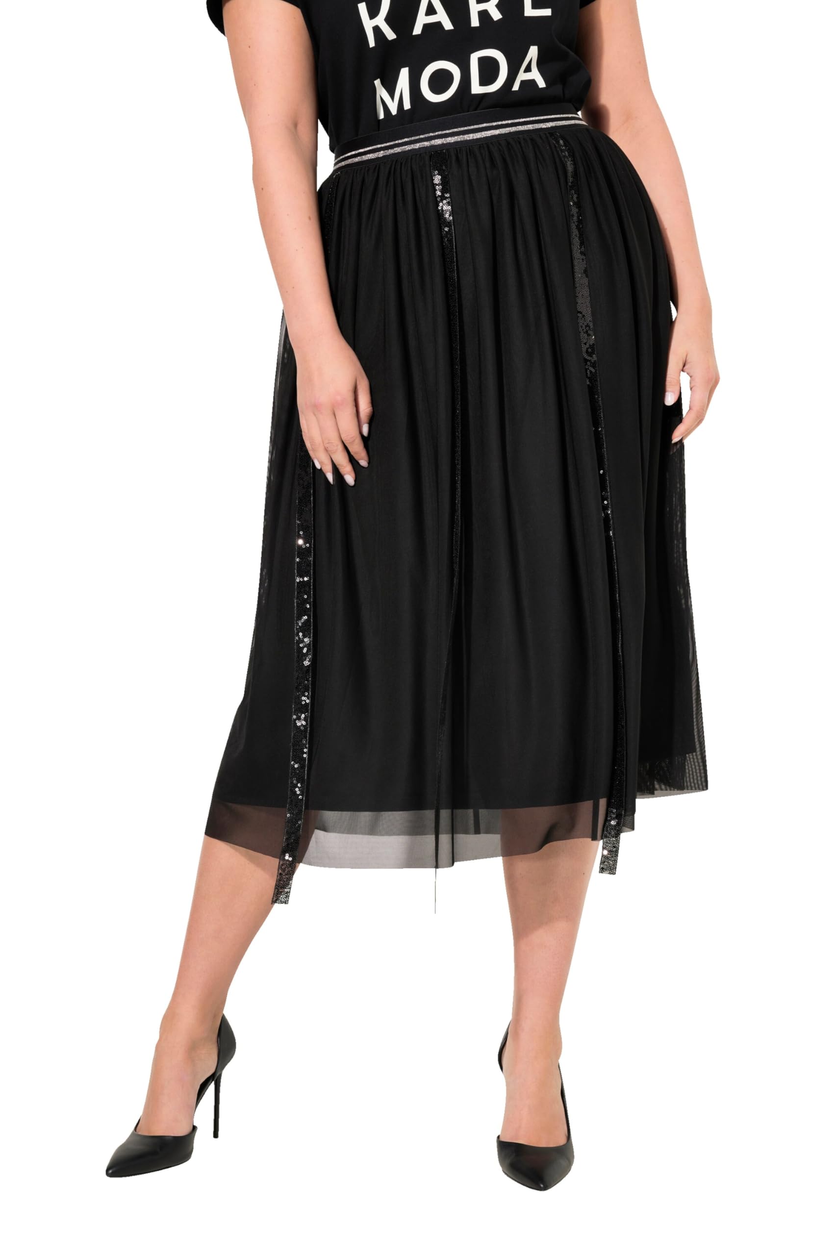 MIAMODA Damen große Größen Übergrößen Plus Size Meshrock, Straight Fit, Pailletten-Streifen, Elastikbund 833878