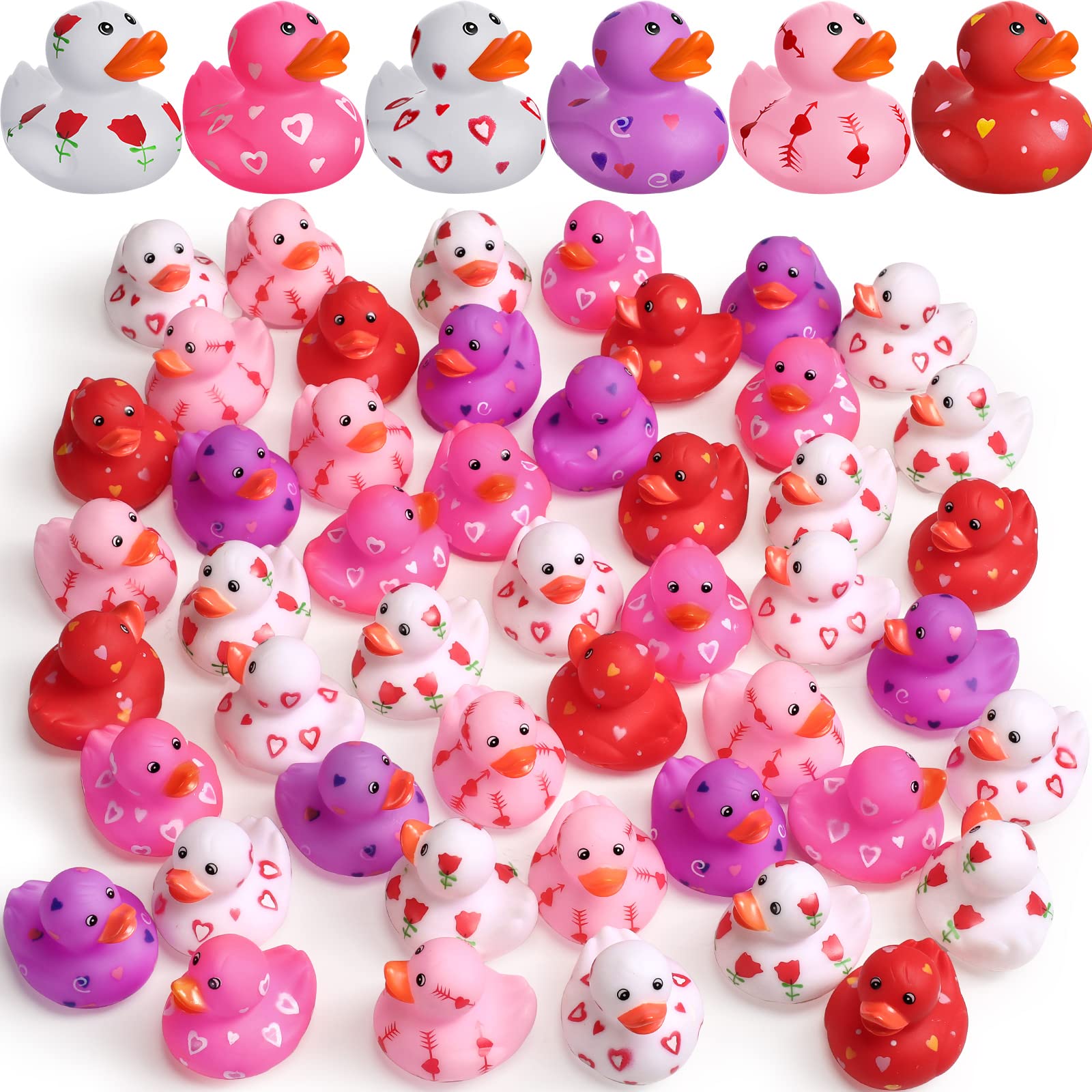 Jerify 2 Inch Valentine Rubber Duckies Bulk Valentine's Day Small Heart Rubber Ducks for Pool Bathtub Toys Classroom Prizes Birthday Party Favors Gifts Goodie Bag Fillers, 6 Styles (24 Pcs)