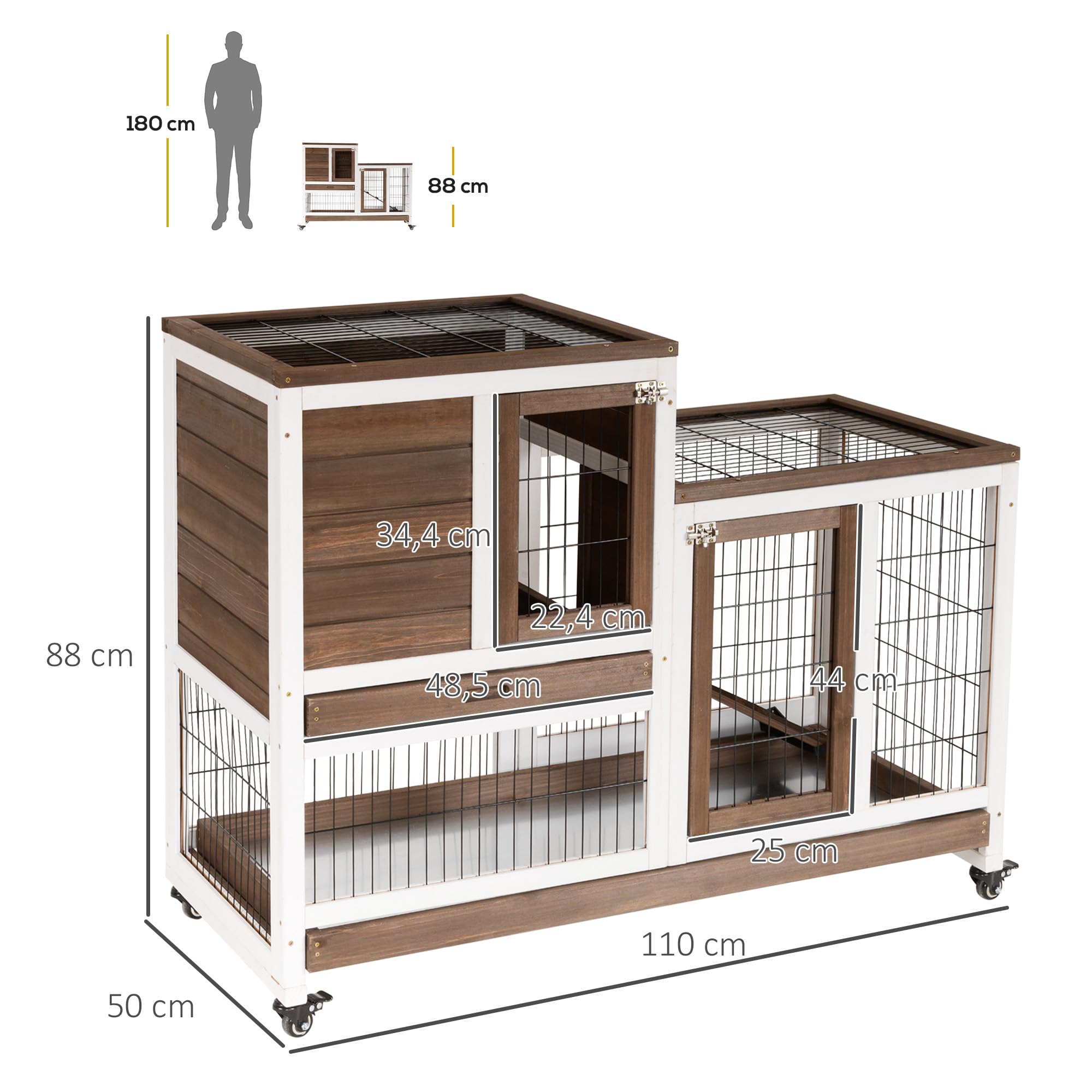 PawHut Clapier à Lapin sur roulettes Cage à Lapin intérieur extérieur 2 étages 2 Portes verrouillables 2 Plateaux coulissants Rampe Bois de Sapin Marron Blanc