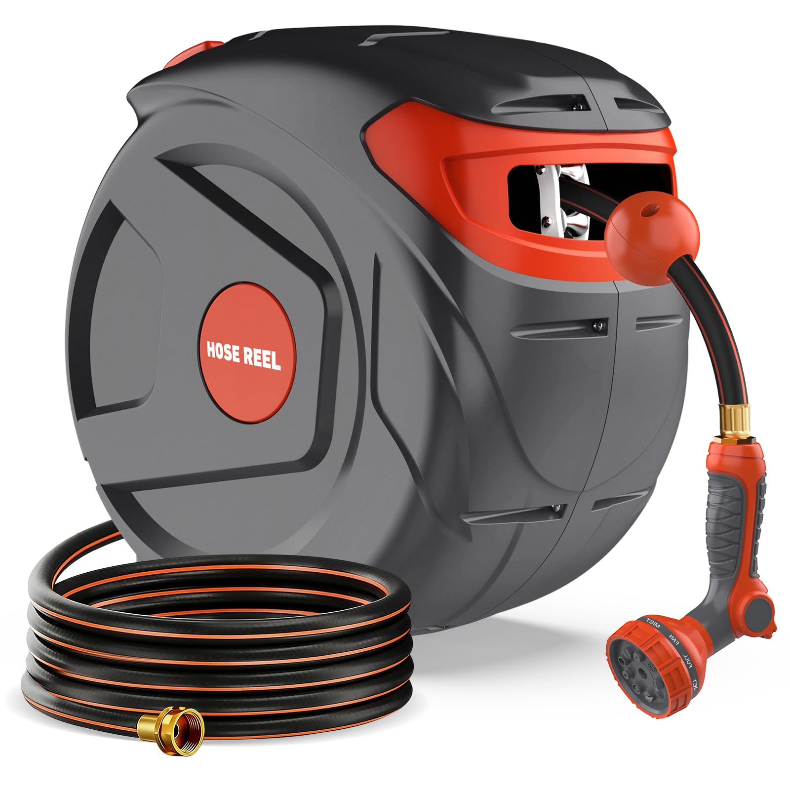 1/2 Inch 100FT Retractable Garden Hose Reel Wall-Mounted 180° Swivel 9-Patern No...