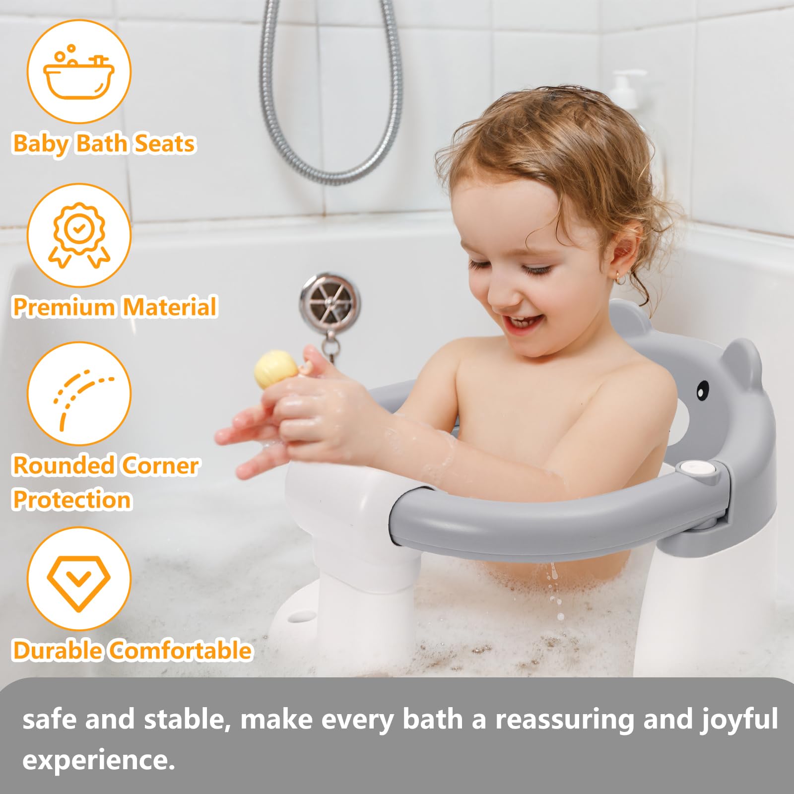 Badewannensitz Baby ab 6-24 monate Badesitz Baby mit 4 Starken Saugnäpfen Ergonomisch Rückenlehne und 360° Rundumschutz Rutschfeste Sicherer Duschsitz Geschenke für Kleinkinder und Neugeborene Grau