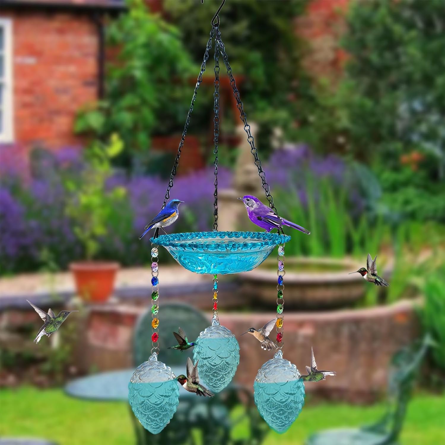 Humming Bird Feeder - with 3 Pots Hook Garden Decor | Bird Bath Water Bowl for Outdoor | for Yard Pathway Patio Lawn Balcony Porch Deck Outdoor Garden Landscaping