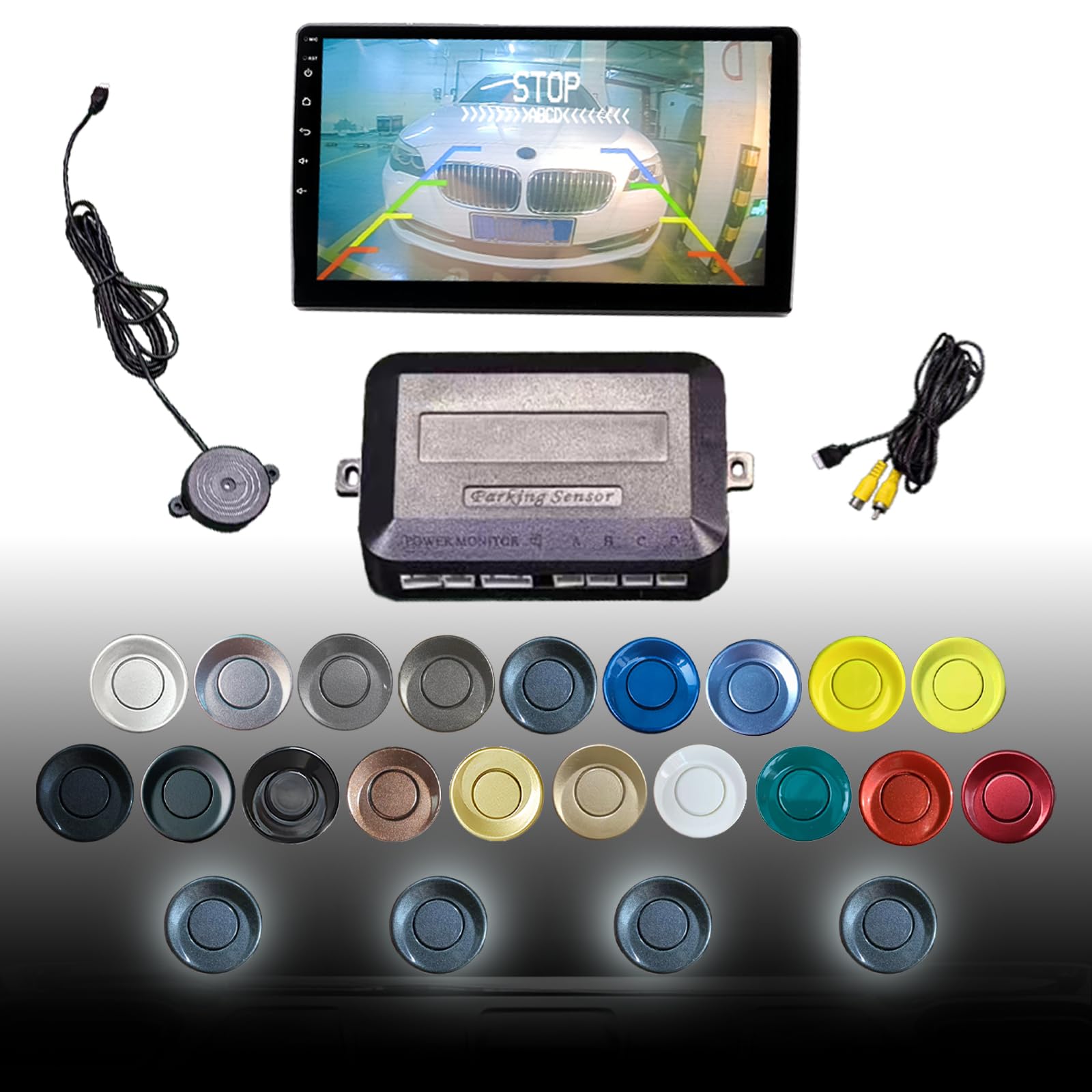 Parking Sensor Kit LCD - Displays Data on Original Screen, Easy Rear Installation, Compatible with All Camera Formats (AHD, CVBS), 20 Probe Colors to Match Any Vehicle（Livid Grey）