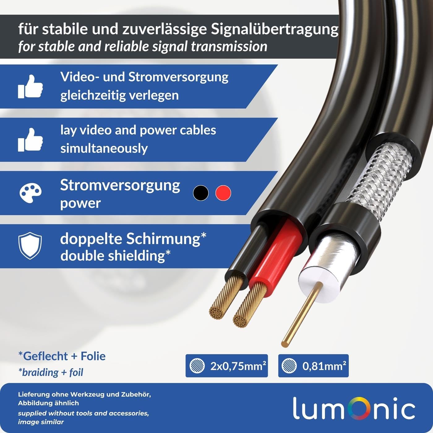 Lumonic RG59 RG59 Câble coaxial + Ligne électrique 100m | Câble de surveillance CCTV avec alimentation | Câble combiné 75 ohms, double blindage, 90dB Amortissement, Vidéo + Électricité