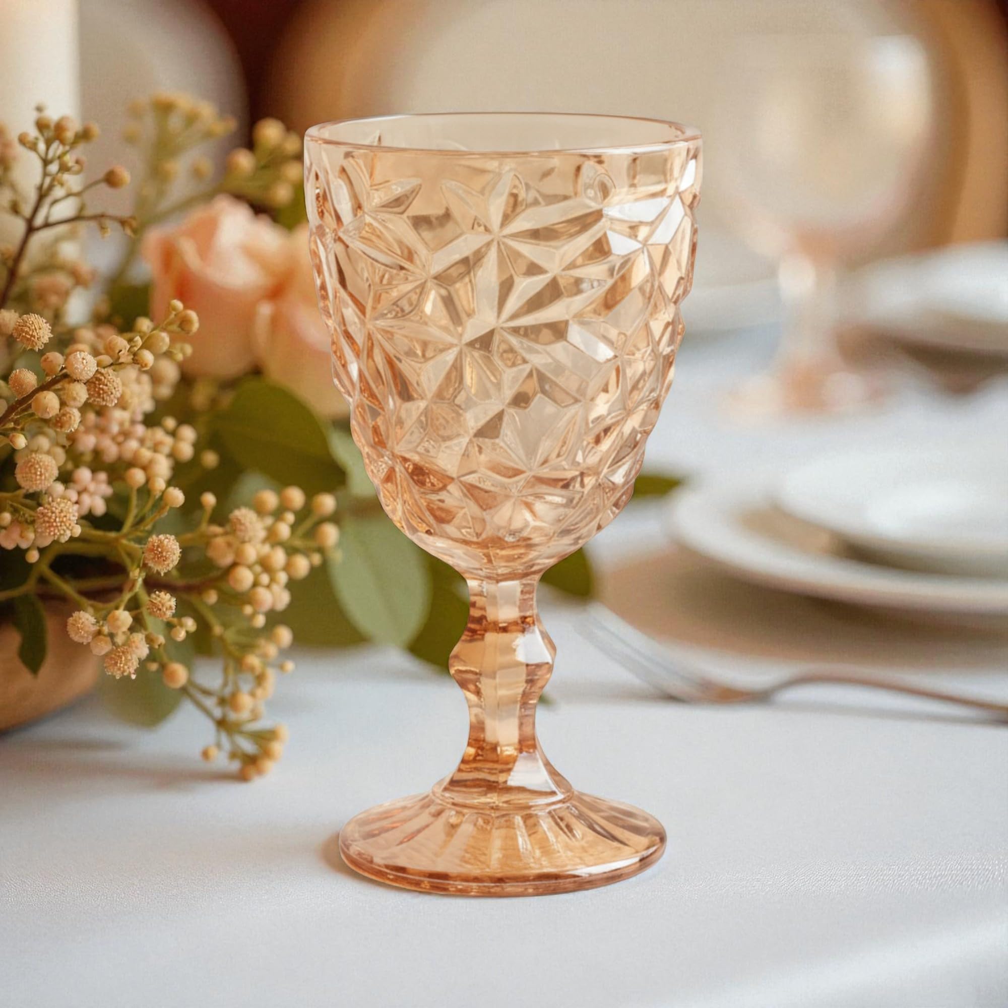 Lot de 6 Verres Vintage à Vin, Champagne et Boisson - Gaufrage en Cristal de Glace/Jaune (300 ml) - Pour Mariage, Dessert avec Carafe