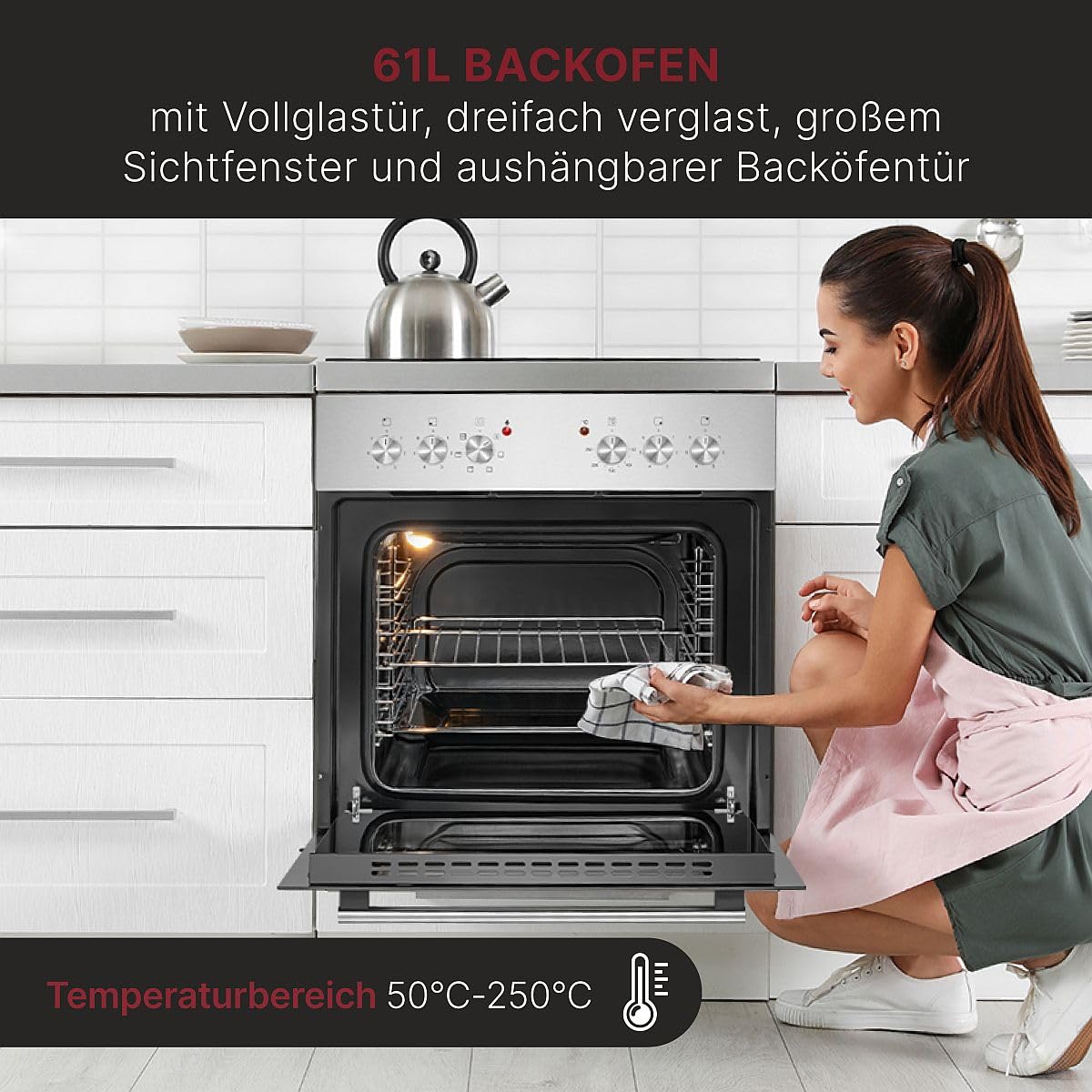 Bomann EHBC 7935 IX Einbaubackofen 61L mit Ceranfeld 60cm 4 Kochfelder Grill Ober-/Unterhitze 50-250°C Glastür 3-Fach verglast Inox