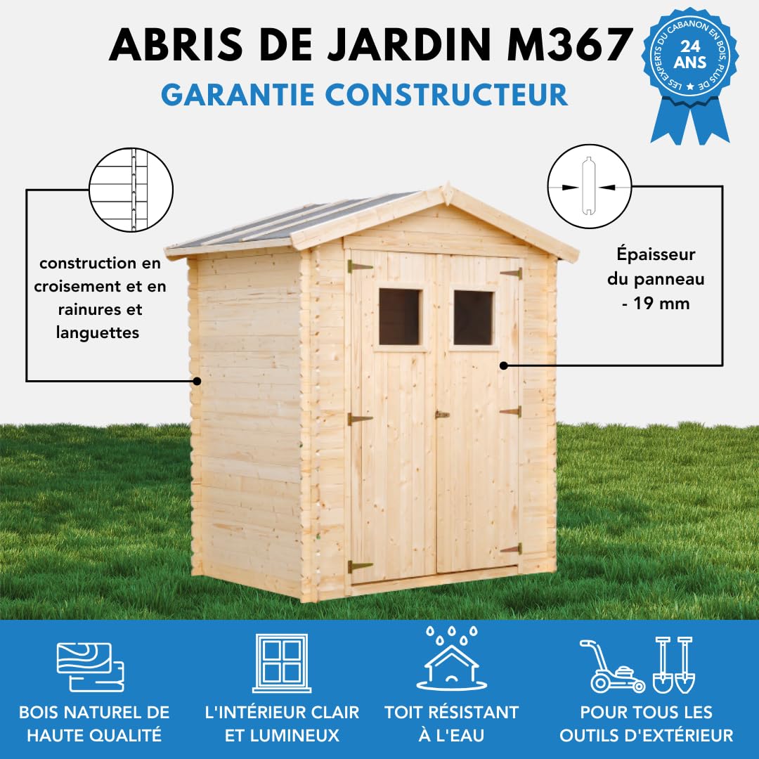Abri de Jardin en Bois - Stockage extérieur I196xL136xH218 cm/ 1.98 m2 Petit abri à Outils, Local à vélos - Toit imperméable, fenêtres TIMBELA M367