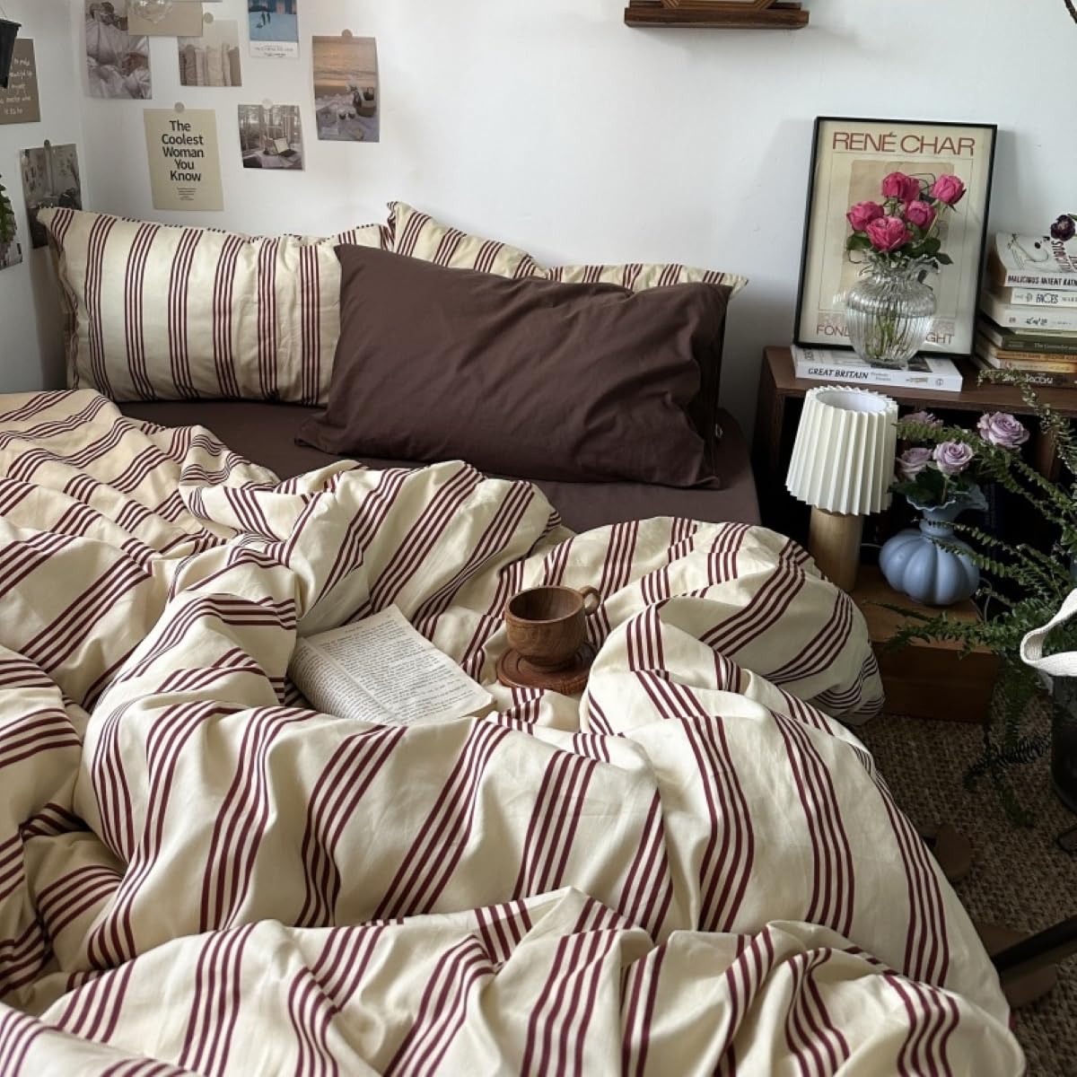 Striped Duvet Cover Twin Size Reddish-Brown Striped Bedding Set