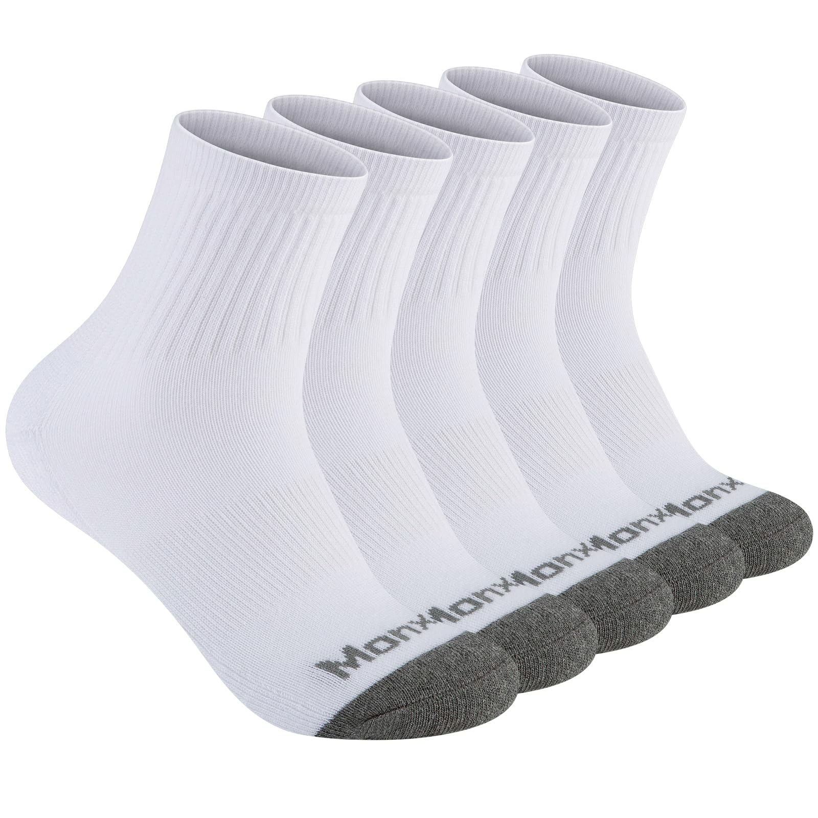 Monxiery Mens 100% Cotton Cushioned Ankel Socks, Athletic Performance Running Moisture Wicking Breathable Quarter Socks, 5 Pairs White, One Size