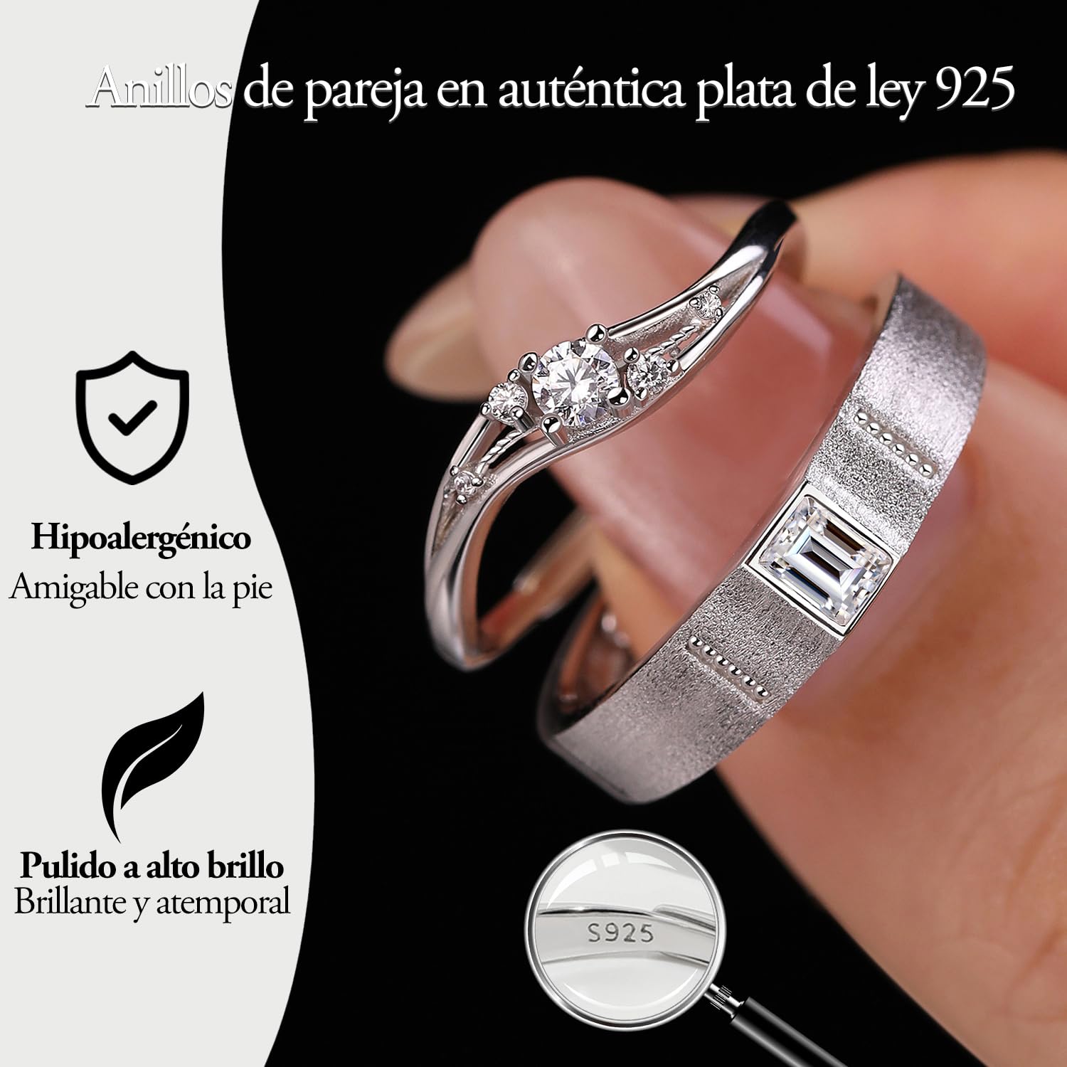 Meissa Anillos de Compromiso de Plata 925 Pareja Alianzas Ajustables Mujer 3.5mm & Hombre 4.6mm Joyas de Pareja para Boda Aniversario San Valentín Regalo para Ella y Él