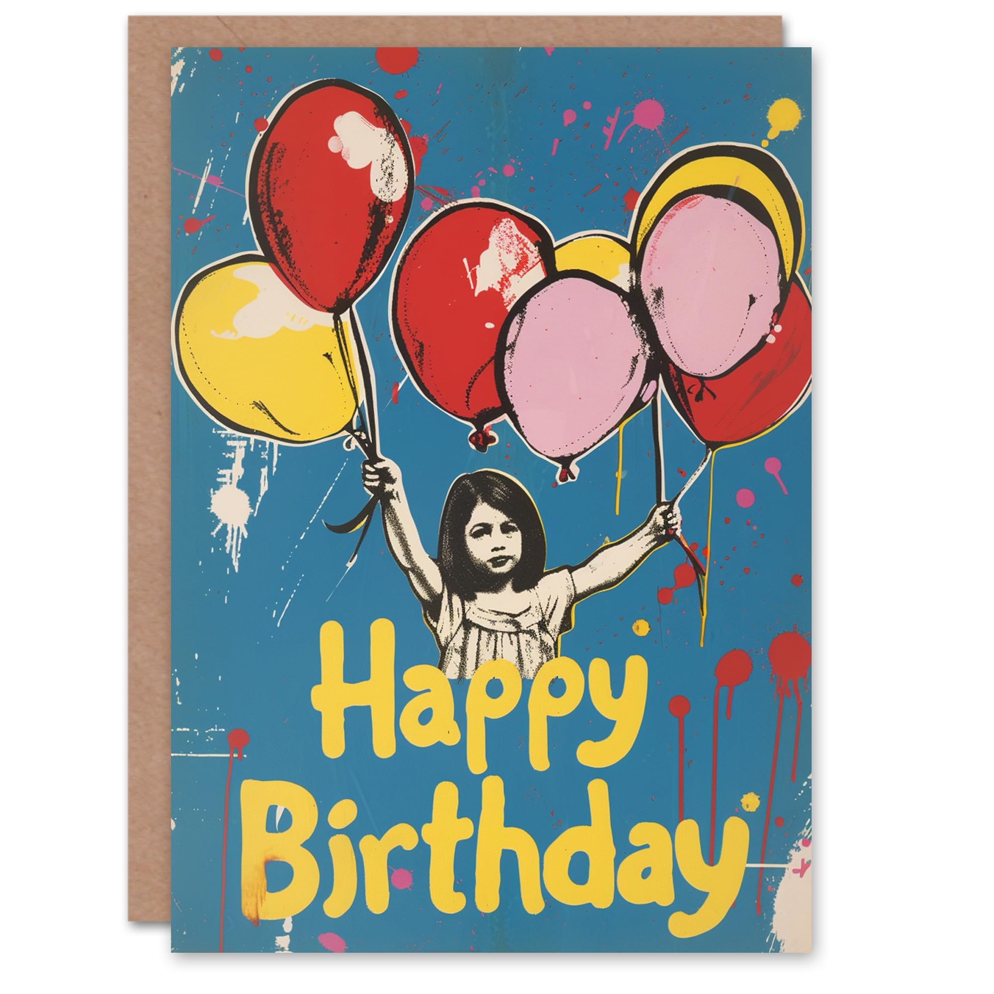 Artery8 Birthday Card Little Girl with Balloons Graffiti Style For Her Gran Sister Niece Daughter Wife Woman Greeting Card