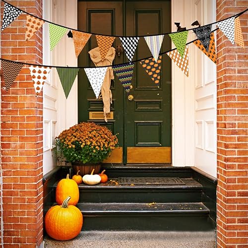 Miniatura 5 de Banderín de tela para decoración interior y exterior de Halloween, banderas triangulares, letrero de calabaza, divertida guirnalda de banderines