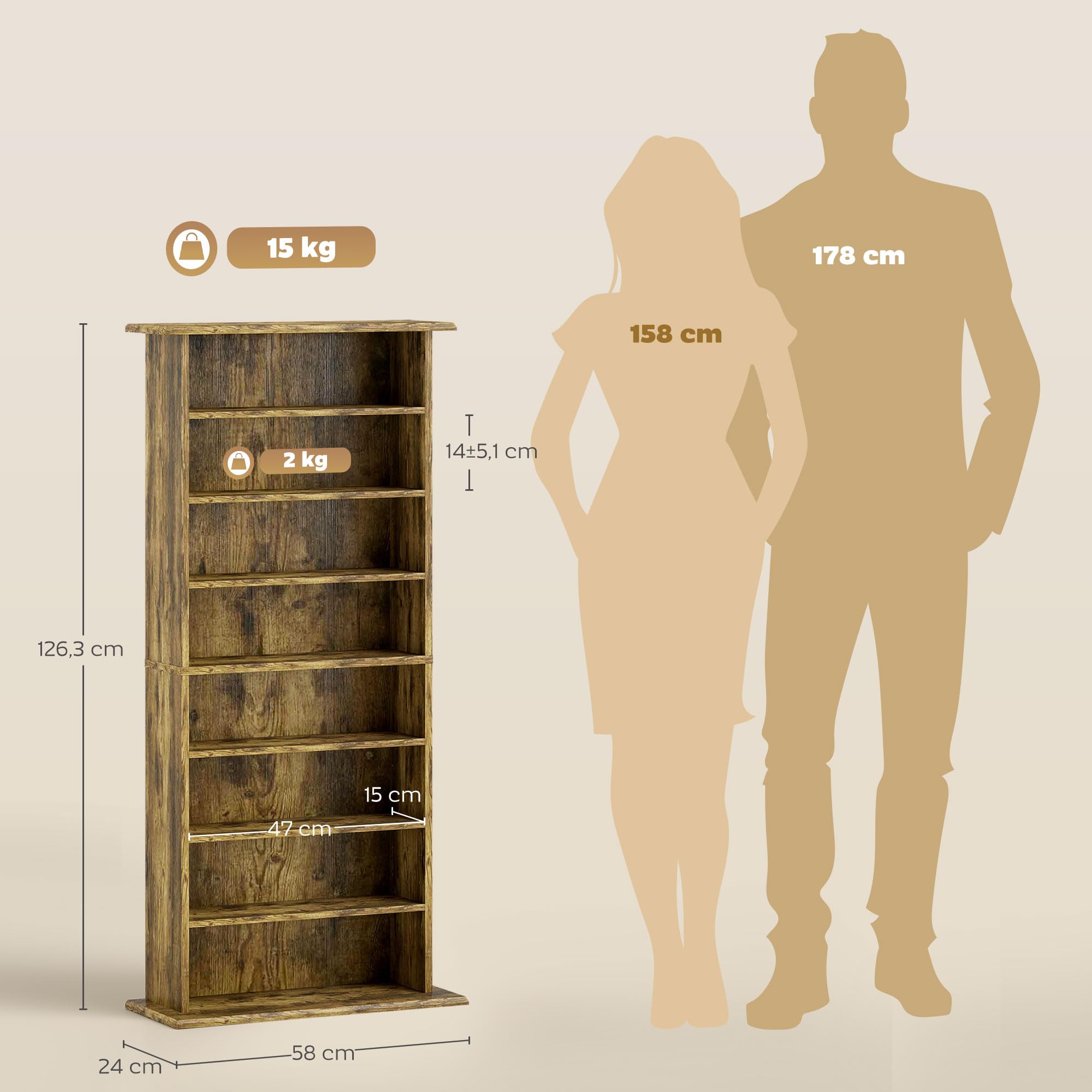 HOMCOM Armadietto per CD e DVD, capacità max. 360 CD/185 DVD e Blu-ray, 8 scomparti e 6 ripiani regolabili, per soggiorno, camera da letto, 58 x 24 x 126,3 cm, marrone