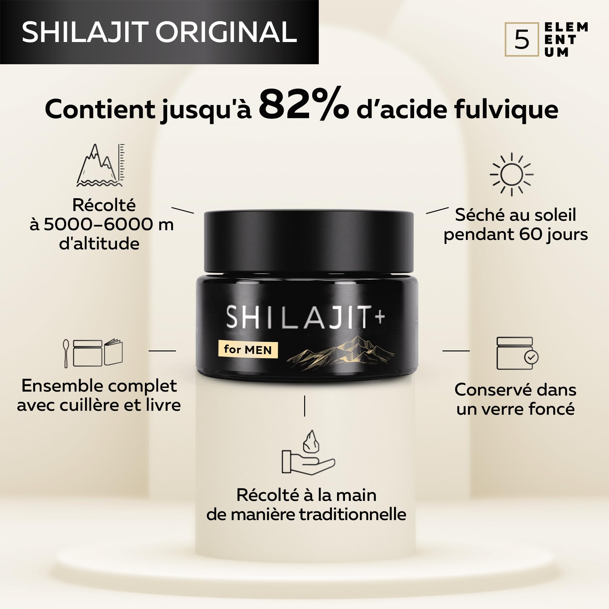 Shilajit Pure Himalaya 50 g + 4 g Offert – Résine Originale avec 82 % d’Acide Fulvique et 87 Minéraux | Naturellement Hautement Dosé | Pot en Verre Foncé + Cuillère Doseuse 500 mg