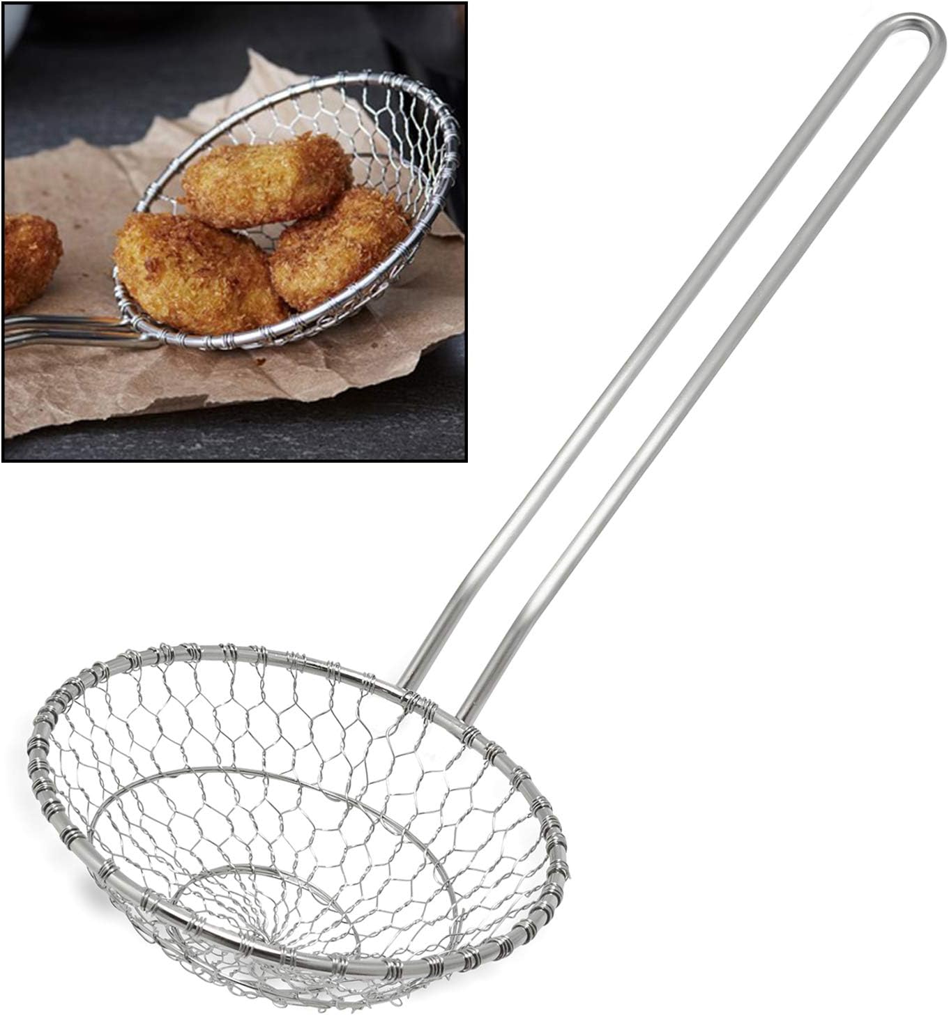 Hicook Stainless Steel Kitchen Spider Strainer Skimmer Ladle Food Dumpling Noodle Strainer for Pasta Spaghetti Noodles and Frying, 5 inches