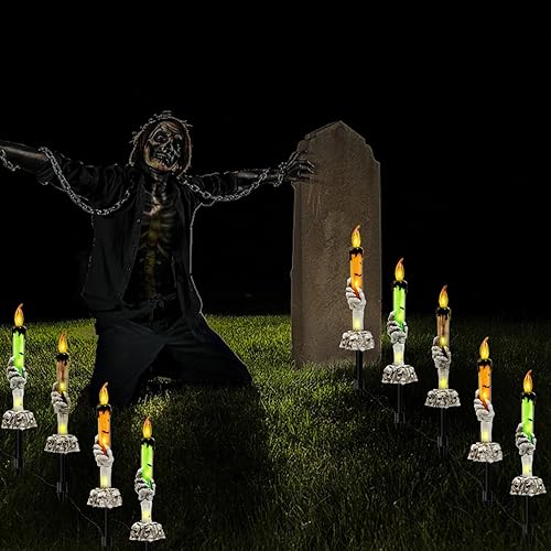 Miniatura 5 de Decoración de luces de jardín de Halloween, paquete de 5 velas de mesa con mano de fantasma de esqueleto, estacas iluminadas para patio para