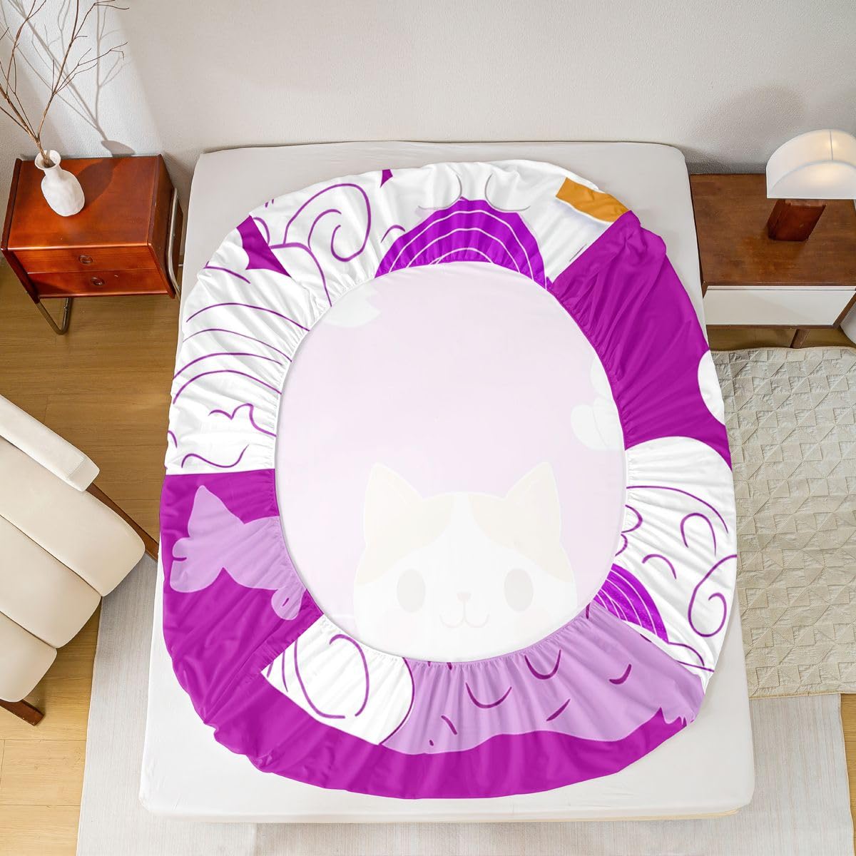 Sábana bajera ajustable de gato Kawaii tamaño King (no plana), juego de ropa de cama de 3 piezas con diseño de bandera de olas japonesas, decoración de habitación de niños y mujeres, sábana de