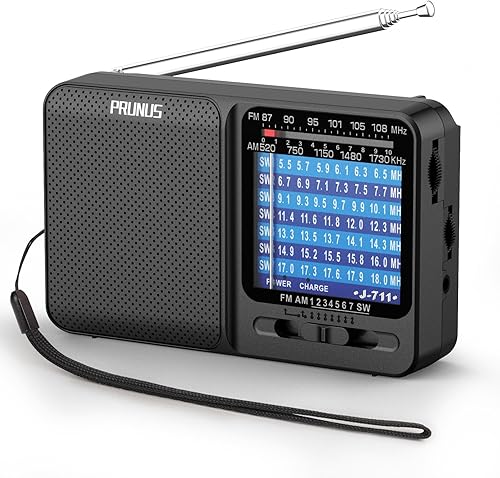 PRUNUS J-711 Radio portátil AMFMSW1-SW7 Radio de onda corta, carga USB-C y funciona con pilas AA, excelente recepción, antena larga, conector para