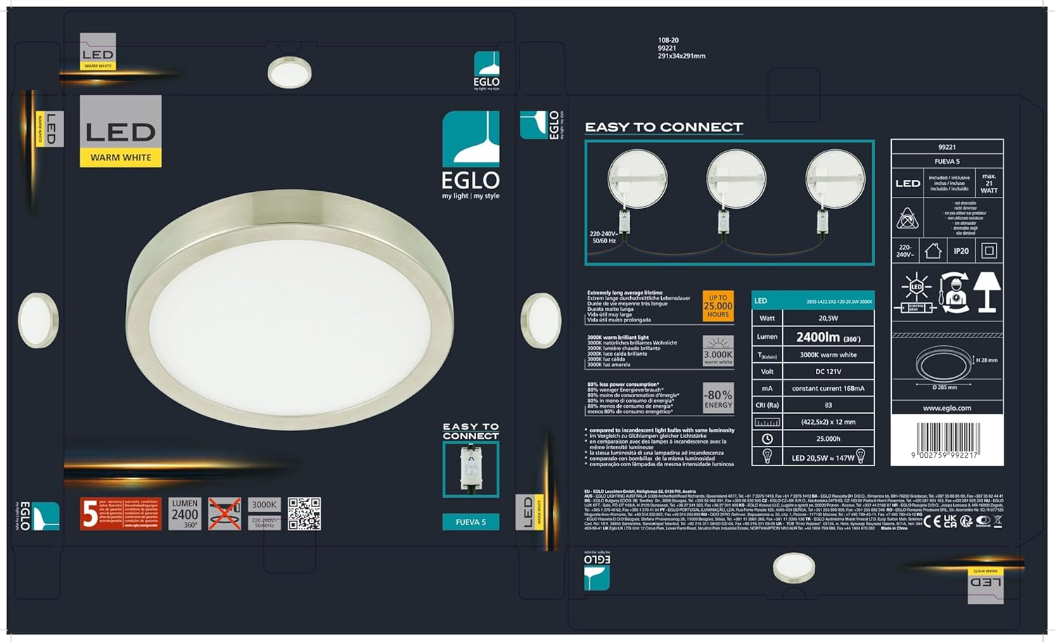 EGLO Fueva 5 LED Ceiling Light installed in a hallway