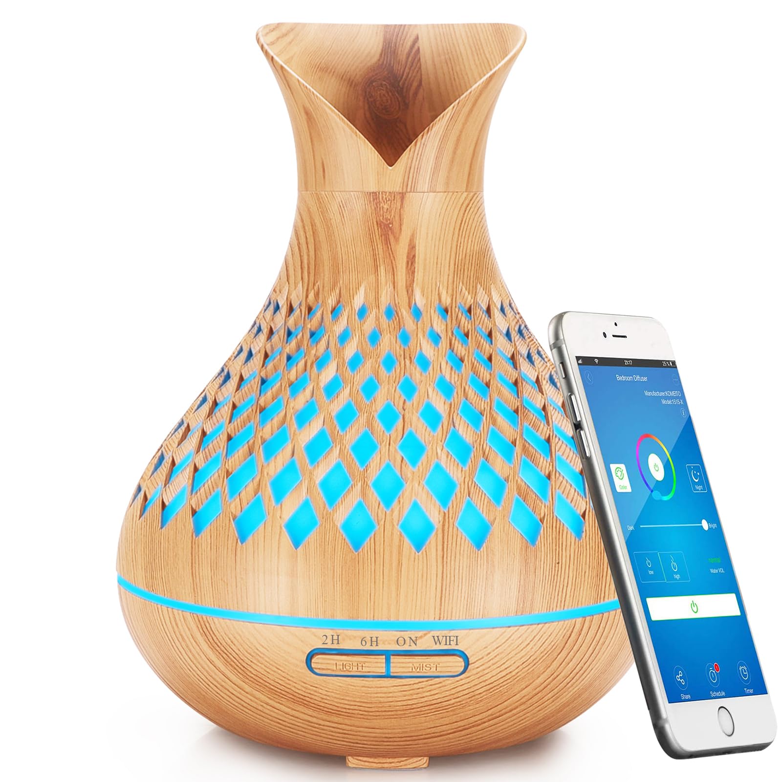 WiFi Aroma Diffuser 400 ml, Smart Essential Oil Ultrasonic Fragrance Lamp Humidifier, Compatible with Alexa and Google Home, App Control, Timer Function, 7 LED Colours (Dark Wood Grain