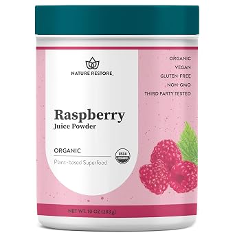 Nature Restore Organic Red Raspberry Juice Powder 10 oz. 100% Pure Whole Fruit Berry Extract for Smoothies, Baking, Natural Pink Food Coloring & Dye-Free Frosting Flavor