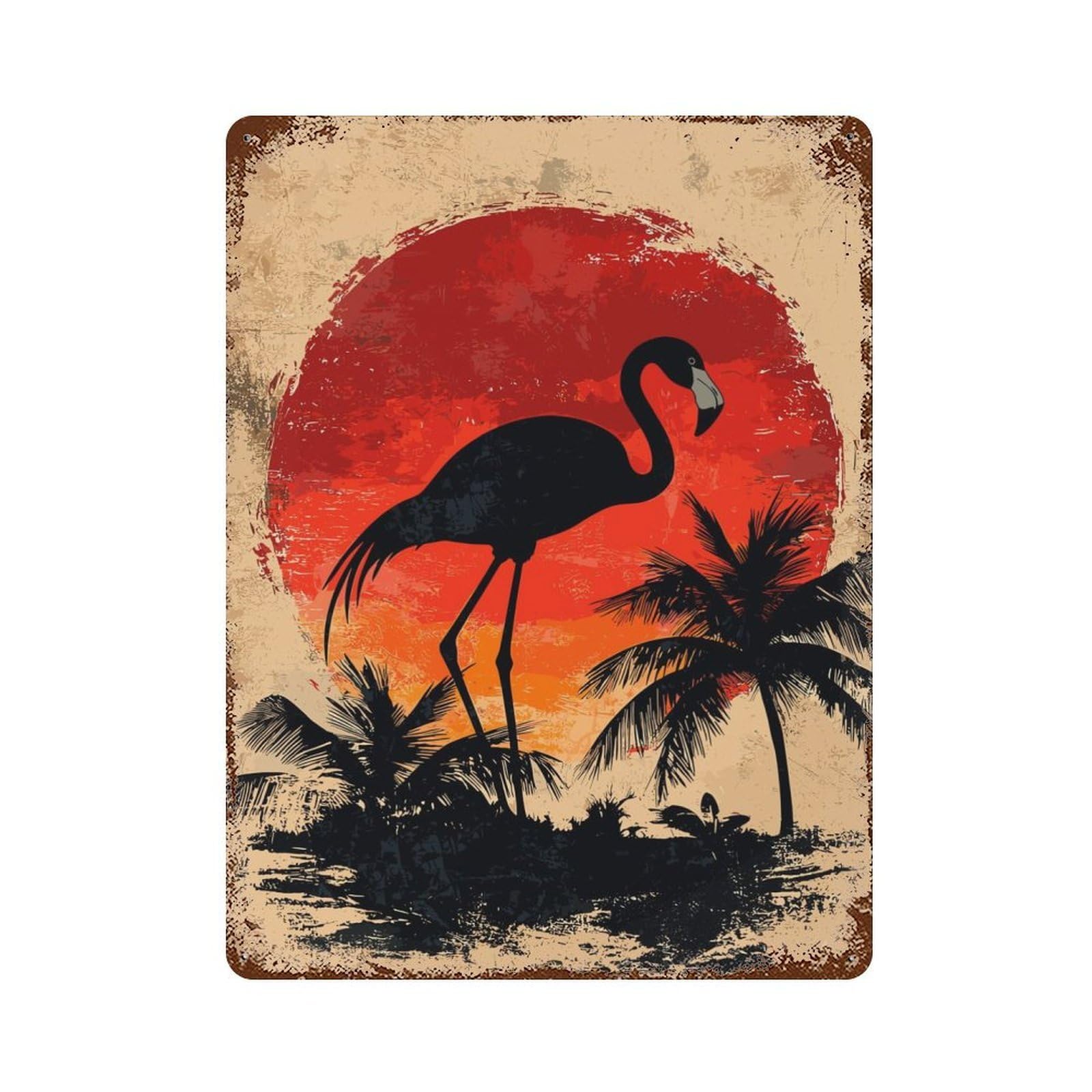 Rust Effect Flamingo Sunset Rusty Metal Tin Sign 15.7"x11.8", Old School Wall Decor for Basement, Hobby Room And Garage Decor