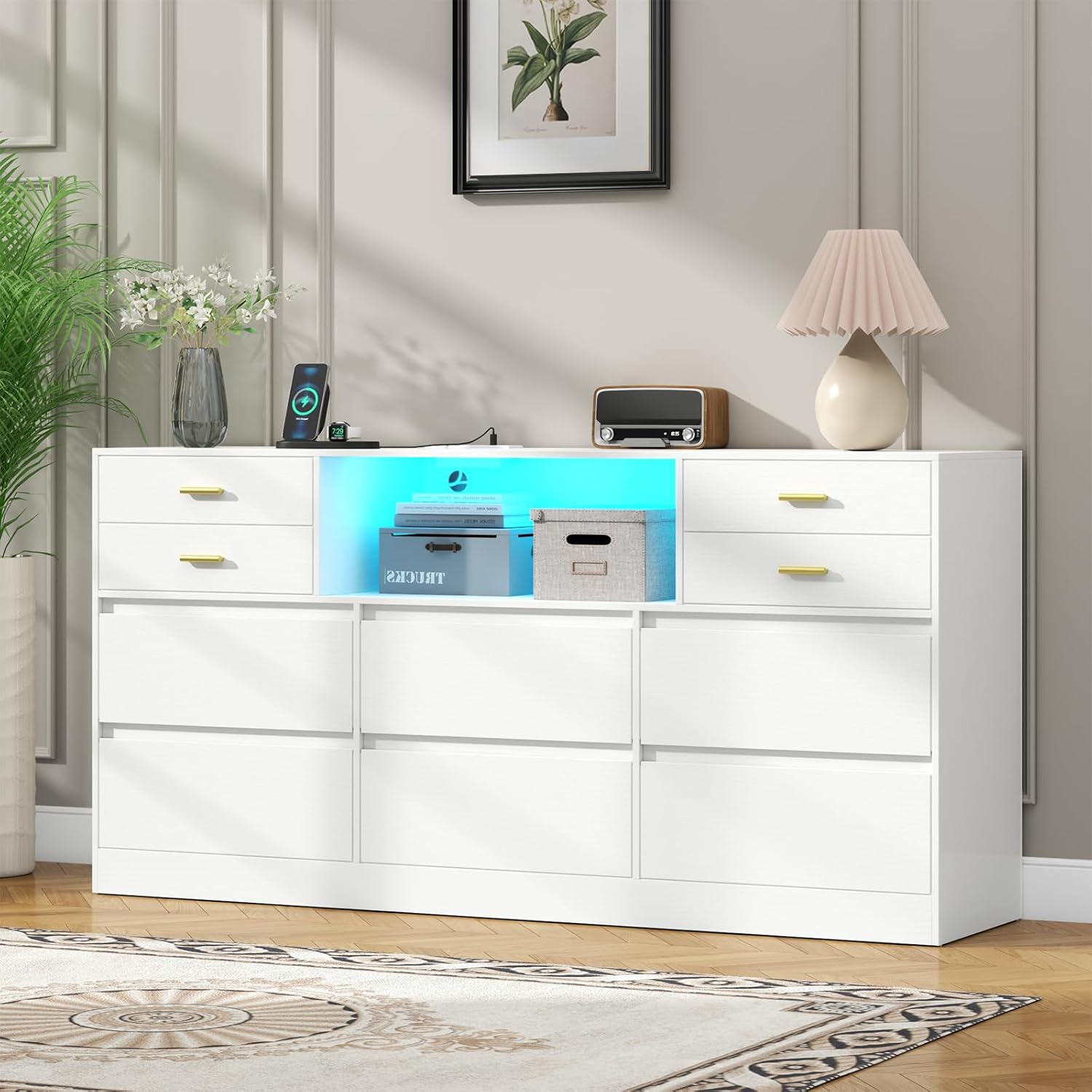 Loomie 10 Drawer White Dresser with Charging Station & Led Lights for Bedroom, Long 58" Triple Wide Dresser TV Stand for TVs up to 65", Large Dressers Organizer with Open Cubby, Wide Chest of Drawer
