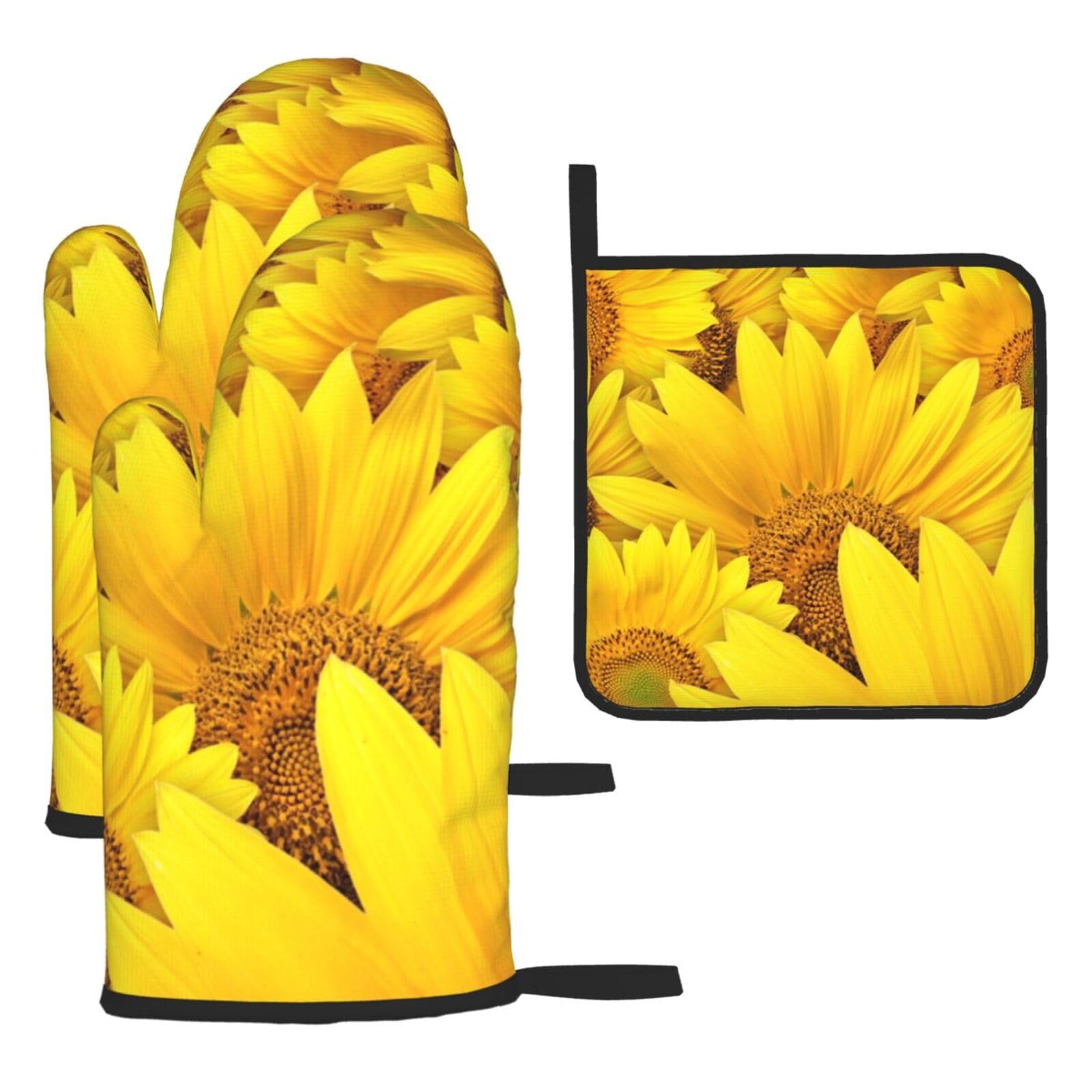 Sunflowers Print Oven Set Kitchen Gloves Baking Grilling Microwaving Cooking Gift Everyday Holiday