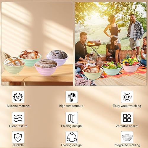 Miniatura 3 de Ycgcp 4 cestas de silicona a prueba de pan, 5 pulgadas, plegables de masa madre para hornear pan, recipientes antiadherentes redondos a prueba de