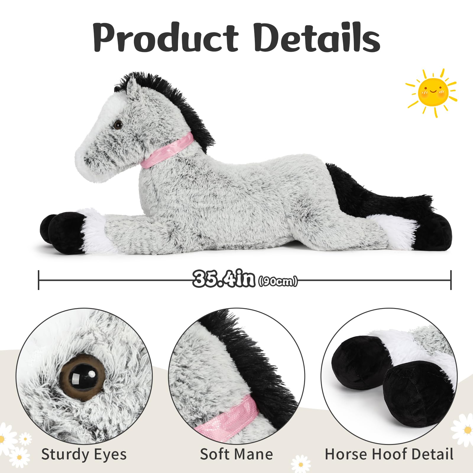 3 Feet Large Horse Stuffed Animal, 35 Inch Rideable Stuffed Pony Farm Plush Toy, Big Soft Horse Plush Pillow Christmas Birthday Gift for Kids 4
