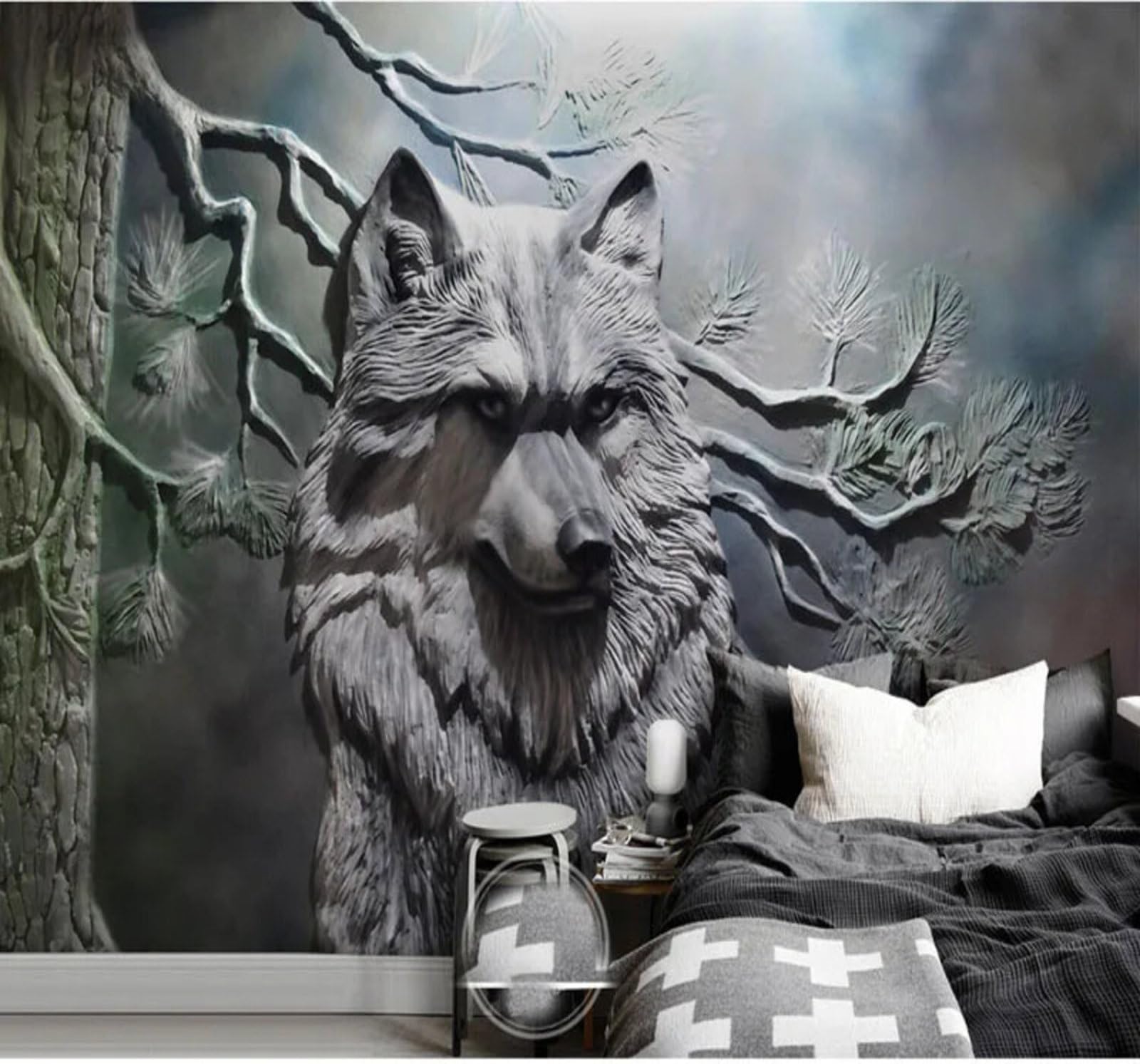Wallpaper-3D-Xlm 250Cm×170Cm(B×H) Three Dimensional Relief Wolf Forest Art 3D Wallpaper Easy Install Feature Office Living Room Sofa Bedroom Tv Background Wall Decoration-250Cm×170Cm