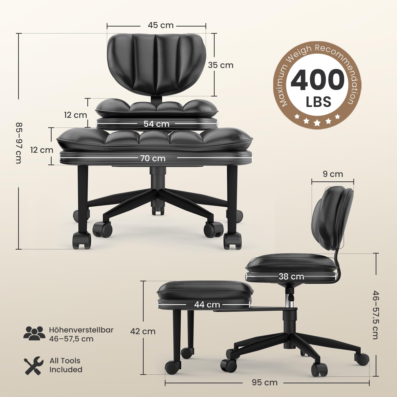 HOMRELEXA Bürostuhl mit Kreuzbeinen, 360° drehbar, Ergonomischer Kniestuhl, Criss Cross Schreibtischstuhl mit Verstellbarer Höhe, ADHS-Meditationsstuhl mit Rückenstütze, Cloud PU-Leder, Schwarz