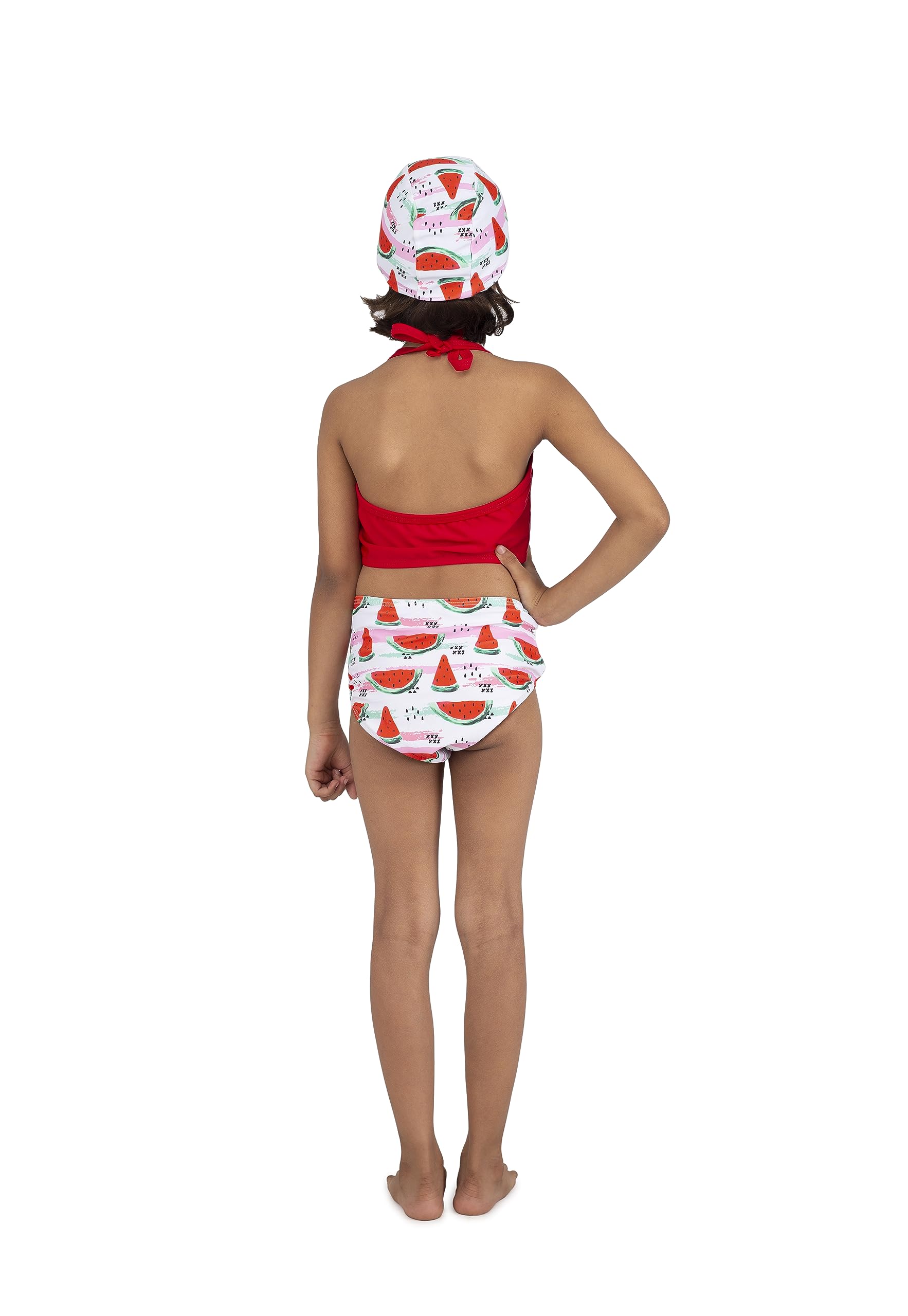 Yellow Bee Watermelon Tassels Bikini Swimsuit with Cap for Girls, Red and White (1-2 Years) - Image 2 thumbnail