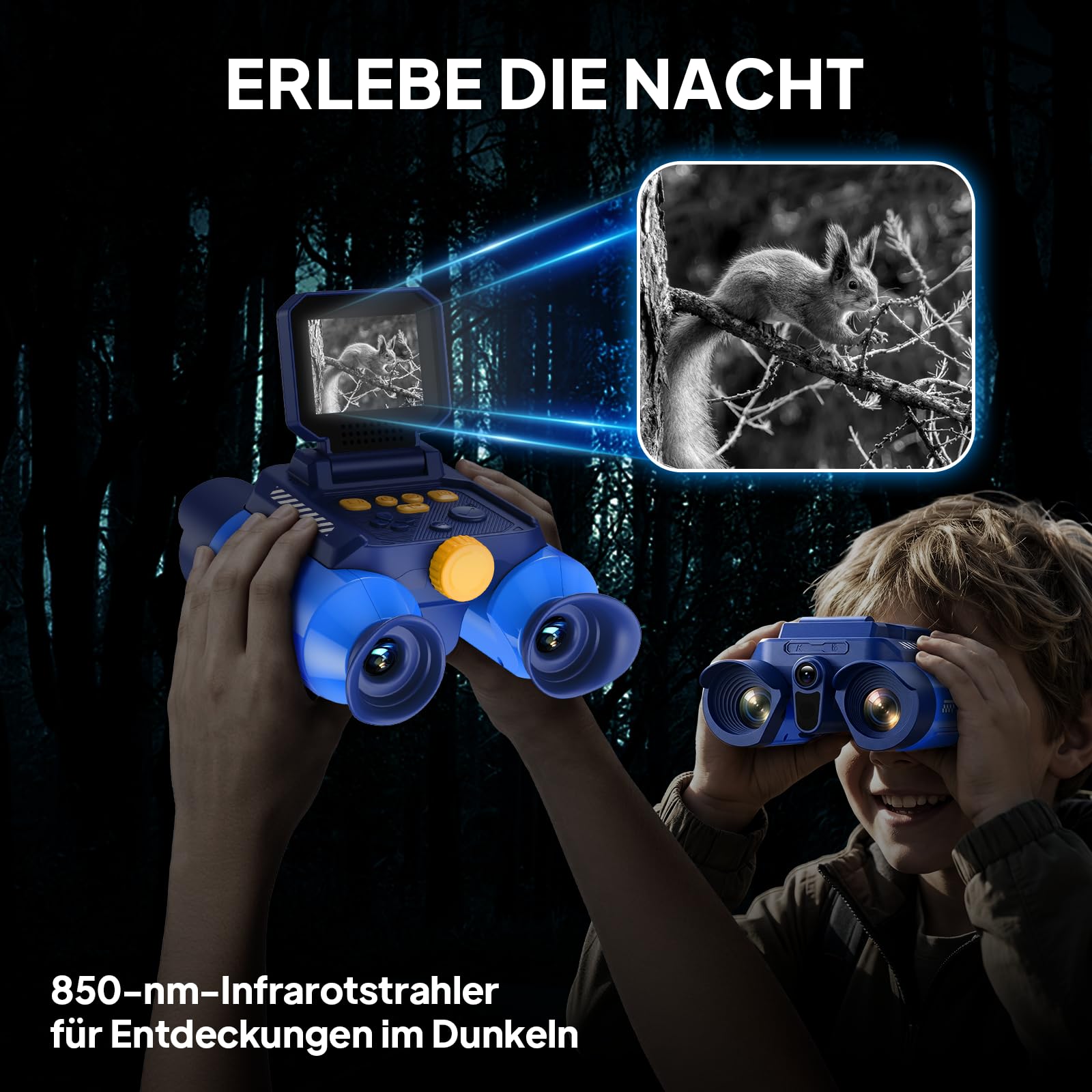 Fernglas für Kinder, Ashfly Kinderfernrohr mit eingebauter Kamera Nachtsicht, 10-facher Vergrößerung, Binoculars 200 Fotos speichern innen von 7 bis 99 Jahren - Deutsche Version Blau