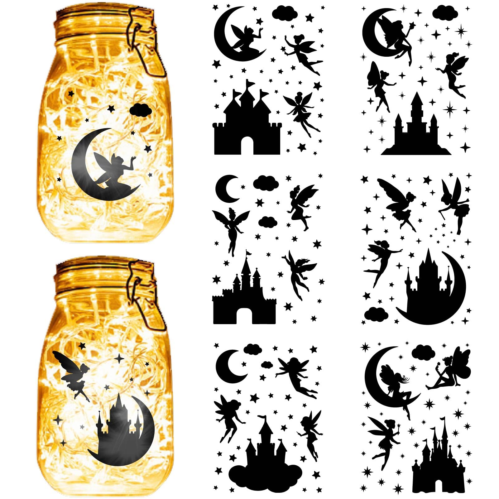 CREATCABIN 12 Sheets 6 Styles Fairy Angel Mason Jar Decals Moon Castle Stickers Die Cuts Silhouettes Self-Adhesive PVC Waterproof for Craft Scrapbook Lantern Jars Wall Windows Glass Phones 7.8x5.9Inch