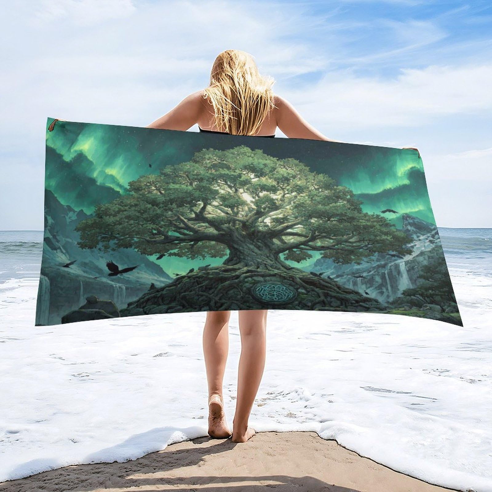 Luyysky Classic Watercolor Tree Of Life Quick-Drying Beach Towel, Beautiful Vintage Northern Light Aurora Animal Bird Raven Travel Vacation Single Sided Pile Bathroom Towels-80 W Cm X 160" L Cm