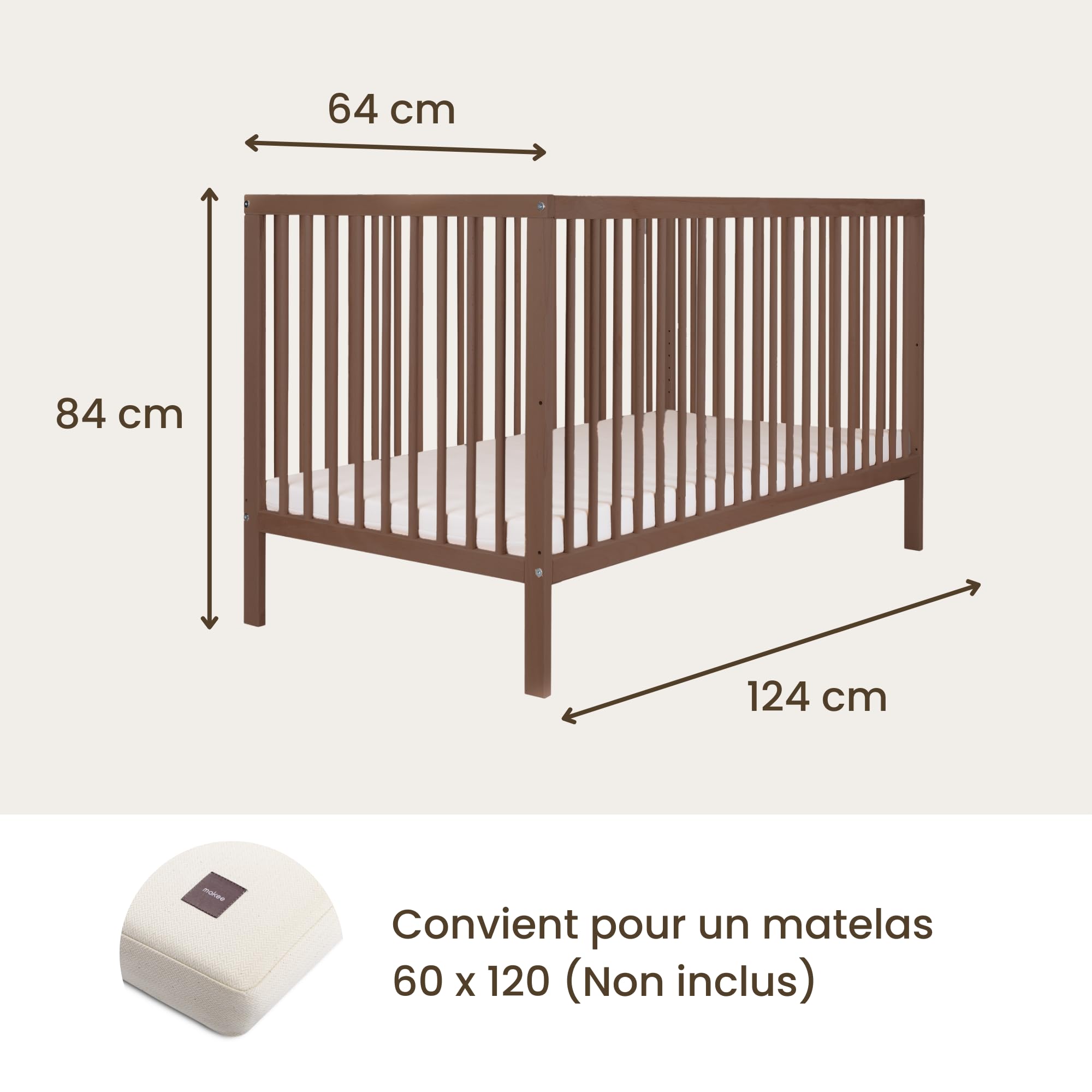 Mokee Mini Lit Bébé Évolutif 60x120cm - Lit Convertible Bébé 100% en Bois Massif - Berceau en Bois Transformable en Lit Enfant - Sommier à Lattes - Lit à Barreaux - Noyer