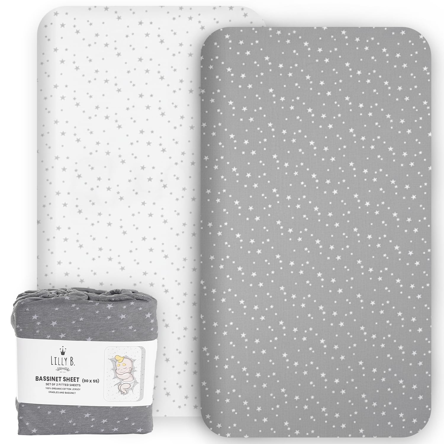 Spannbettlaken Bio GOTS-Zertifiziert 2 Bettlaken für Kinderbetten, Bettwäsche aus 100% Bio-Baumwolljersey für Kleinkinder und Babys (Stars, 90 x 55 cm)