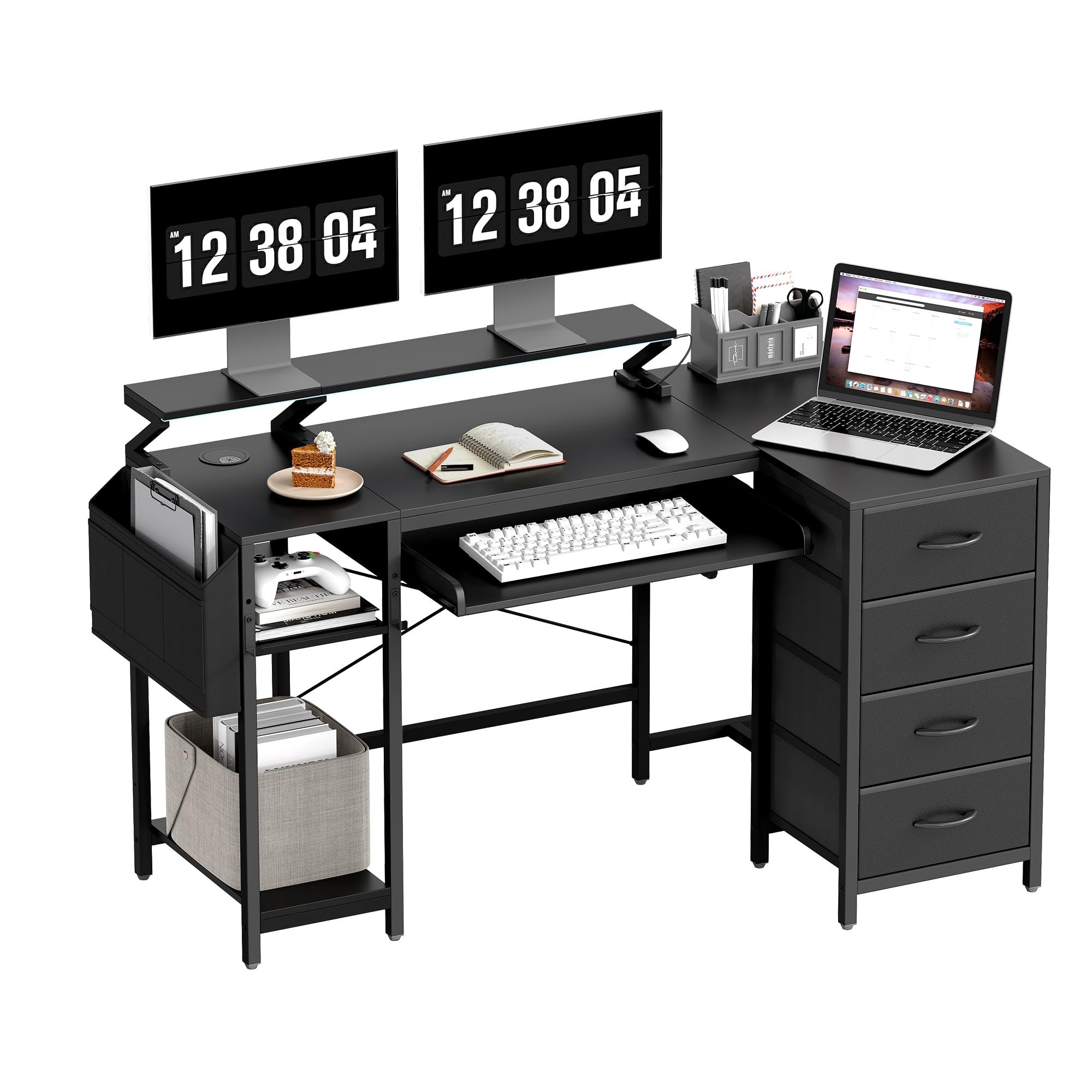 L-Förmiger Schreibtisch 140cm mit Tastaturauszug Gamingtisch mit USB-Ladeanschluss & Steckdose Computertisch mit RGB Beleuchtung & Schubladen für Arbeit, Studium, Freizei, Schwarz