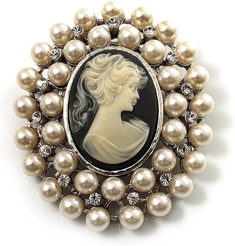 Broche de camafeo de cristal de perlas simuladas (tono plateado), Perla de imitación Cristal Cameo Perla sintética Cristal, Sin gemas.