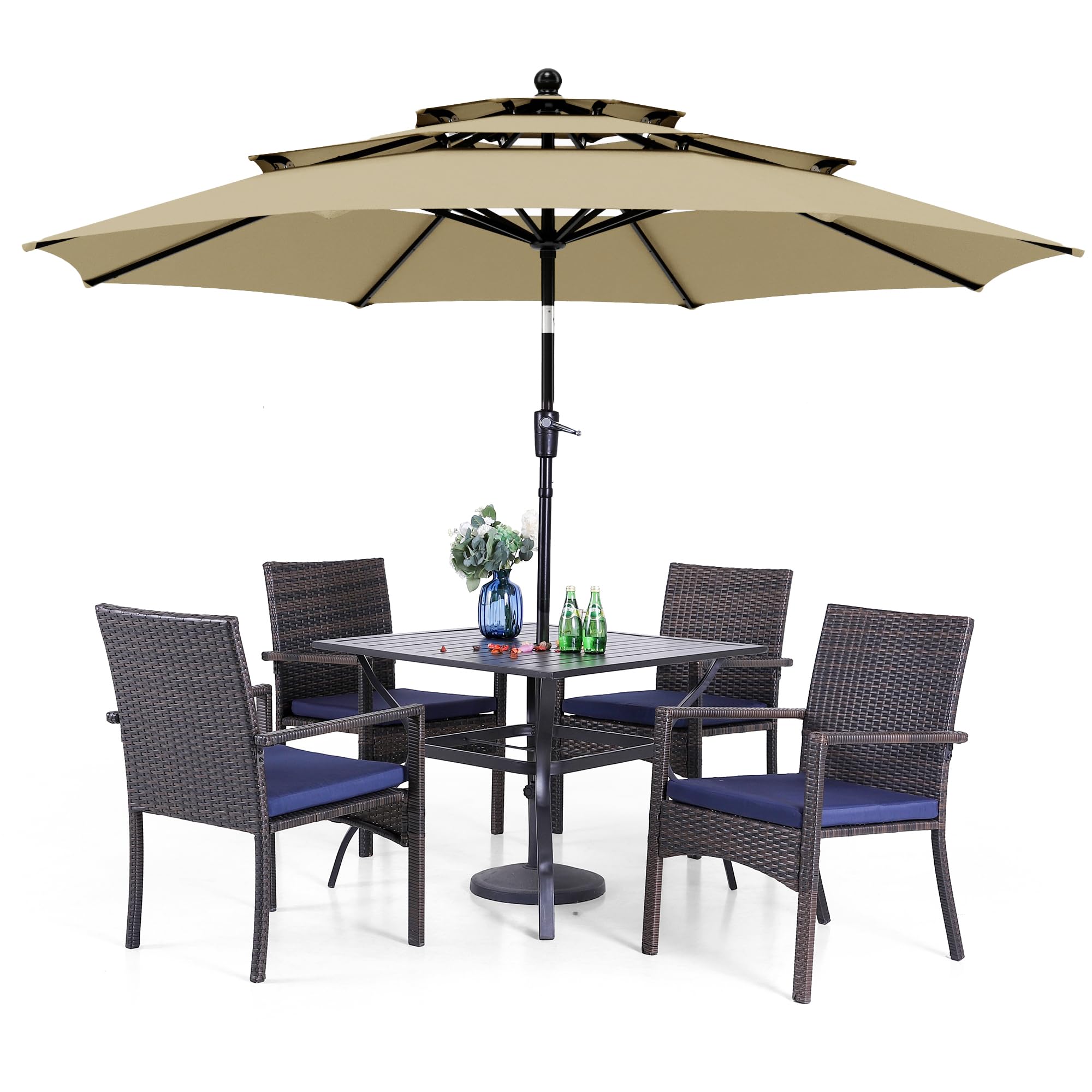 PHI VILLA 5 Piece Outdoor Dining Set with Umbrella, 37" Square Metal Dining Table & 4 Cushioned Wicker Rattan Chairs with 10ft Beige Umbrella for