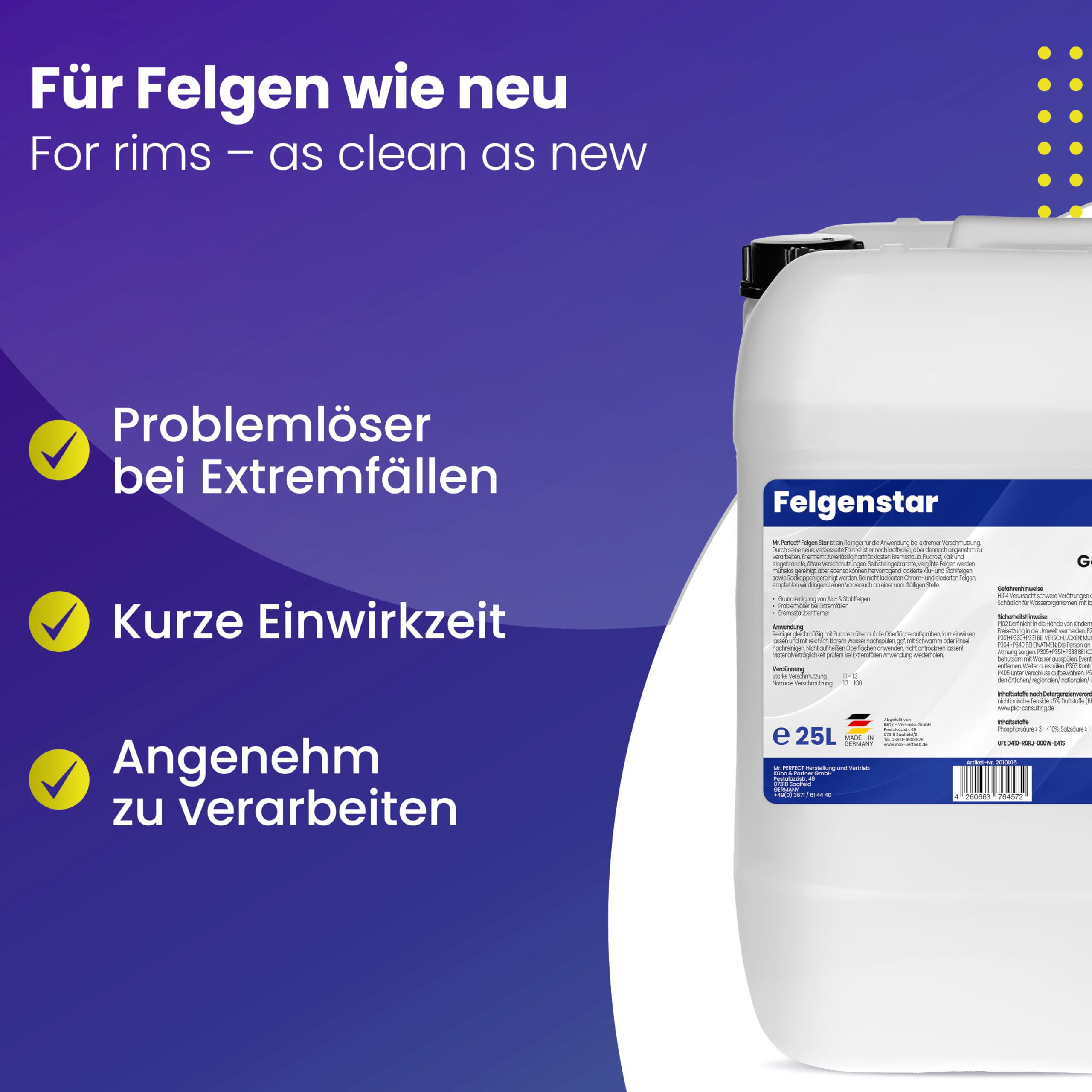 Mr. Perfect Felgenreiniger für Alufelgen & Stahlfelgen 25L | Saurer Felgen Reiniger entfernt hartnäckige Verschmutzungen, Bremsstaub & Flugrost | Felgenpflege für Auto & Motorrad | Made in Germany