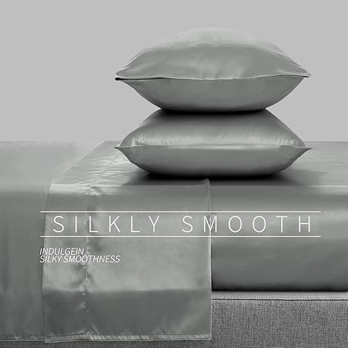 Miniatura 2 de Juego de sábanas de lujo de 3 piezas, sábanas de satén transpirables, sábanas de cama individual gris claro con 1 sábana bajera de bolsillo