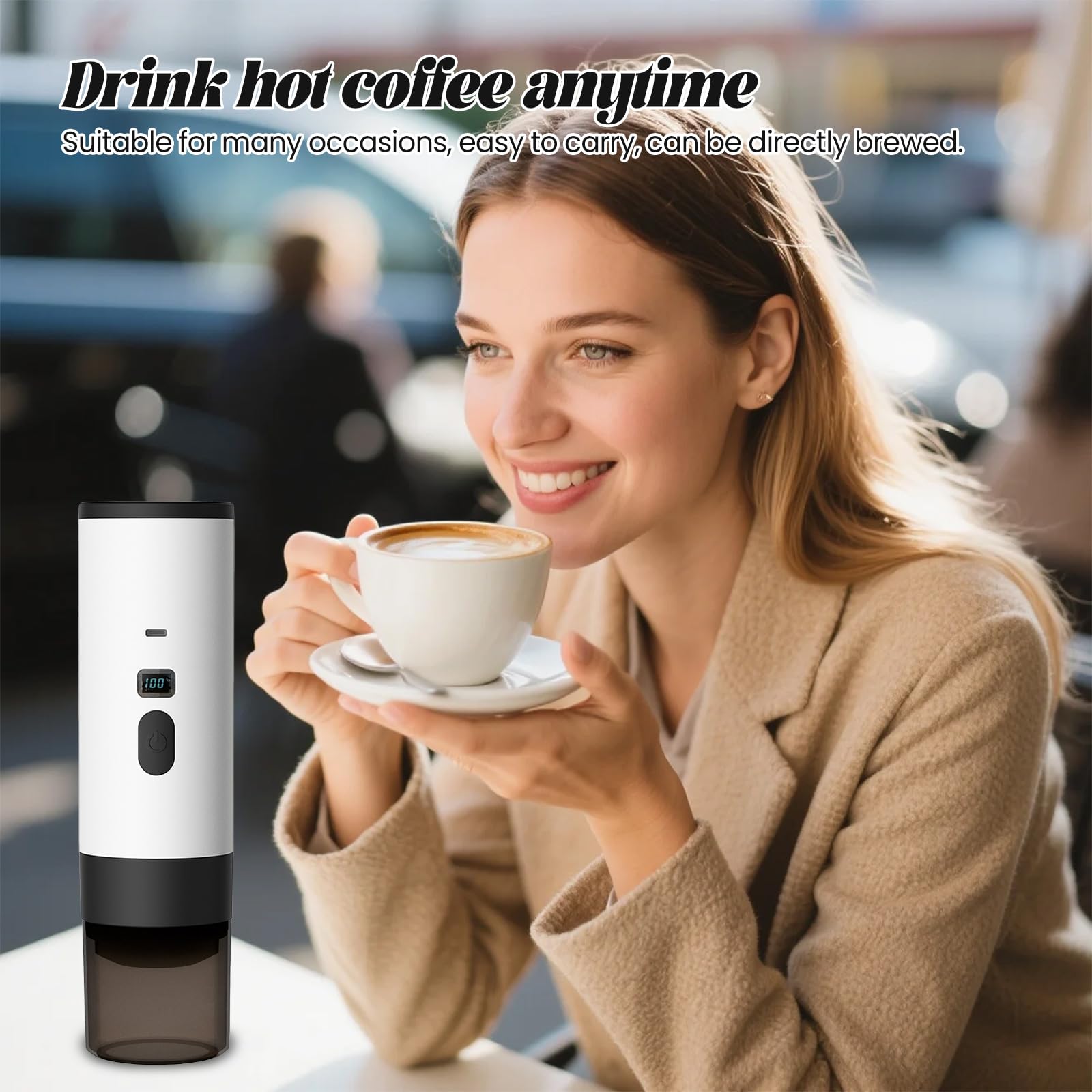 Cafetera portátil 72 W (12 V USB recargable) – Cafetería portátil, cafetera cápsula y café molido, depósito de 90 ml para café expreso, ideal para oficina, camping, coche, viaje (blanco)