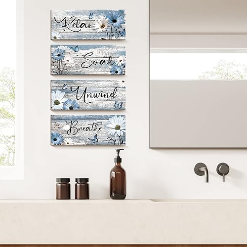 Miniatura 3 de Sunnyray 4 piezas de decoración de pared de baño de granja, margaritas, tulipanes y mariposas, arte de pared para baño, relajarse, relajarse,