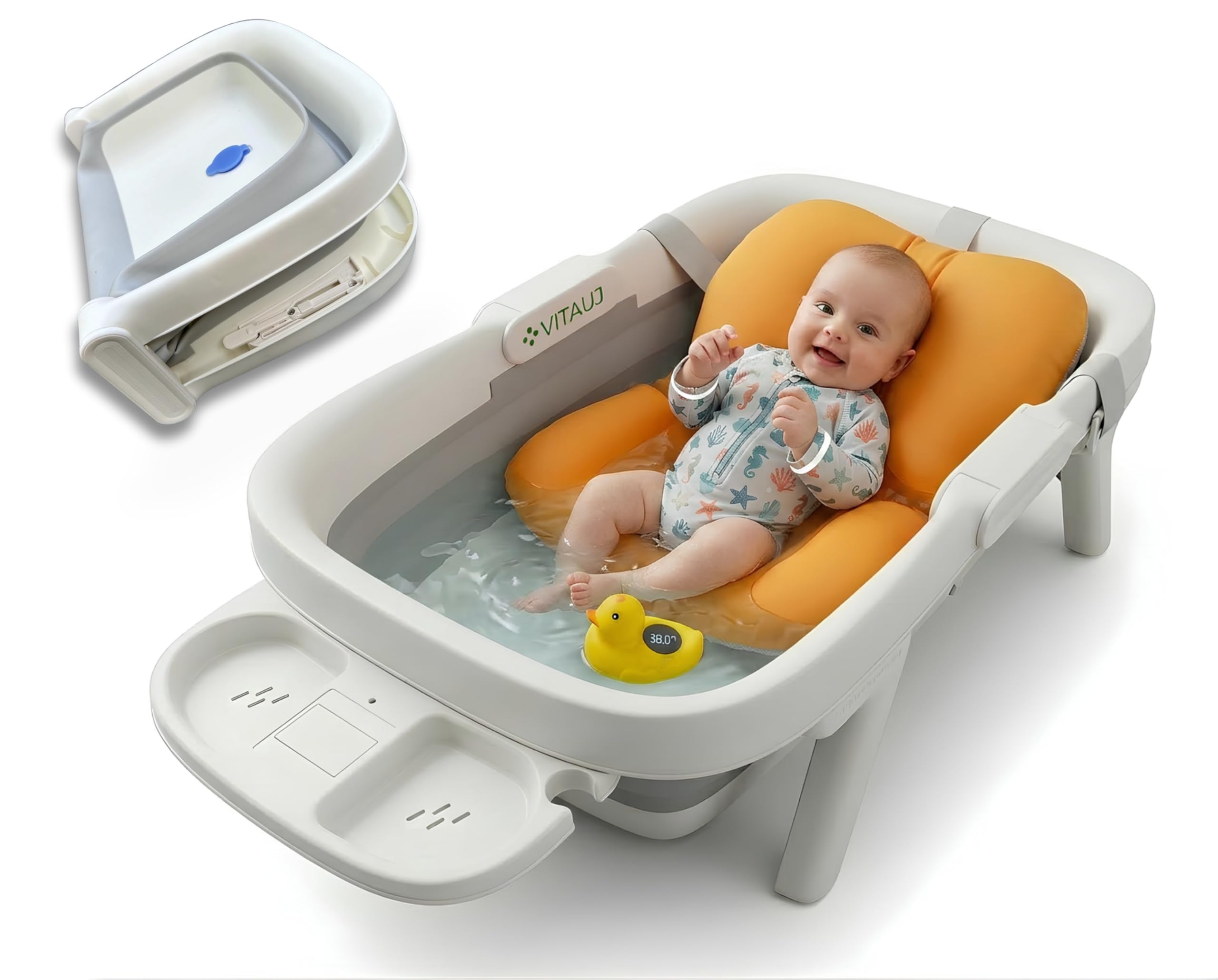 Bañera Plegable Bebé 0–36 Meses con Cojín Antideslizante, Termómetro sin Cables y Juguete | Grande, Segura y Compacta