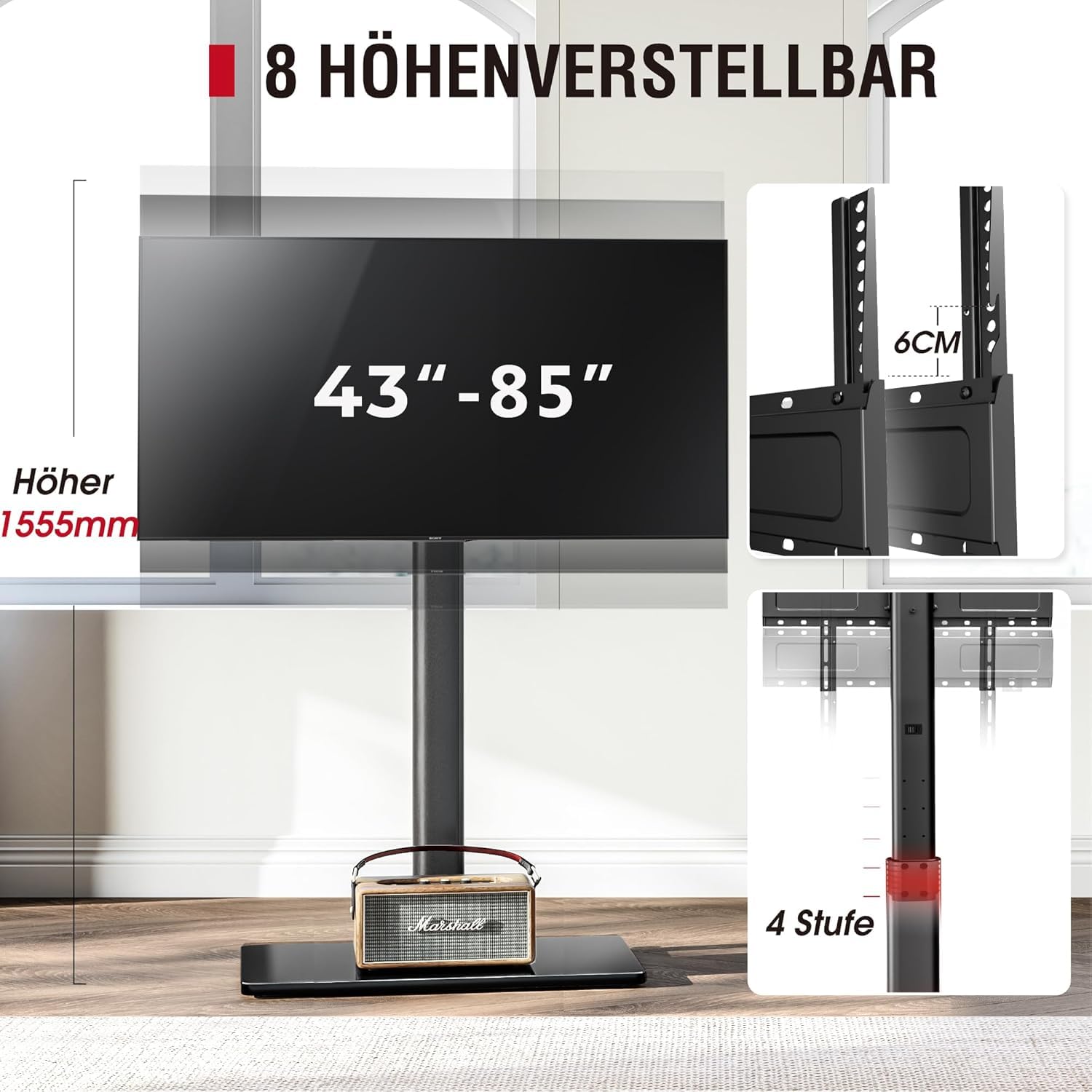 AOKCOS TV Ständer Bodenständer Höher 1.6m für 43-75 85 Zoll Fernseher, Neigbar Schwenkbar Höhenverstellbar Fernsehständer, Universal TV Standfüße Standfuss Max VESA 600x400mm 50KG (Schwarz)